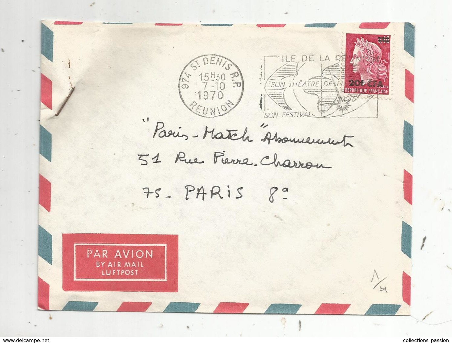 Lettre ,974  ST DENIS R.P. ,  REUNION ,  1970 , Flamme, Surcharge 20 F CFA - Covers & Documents