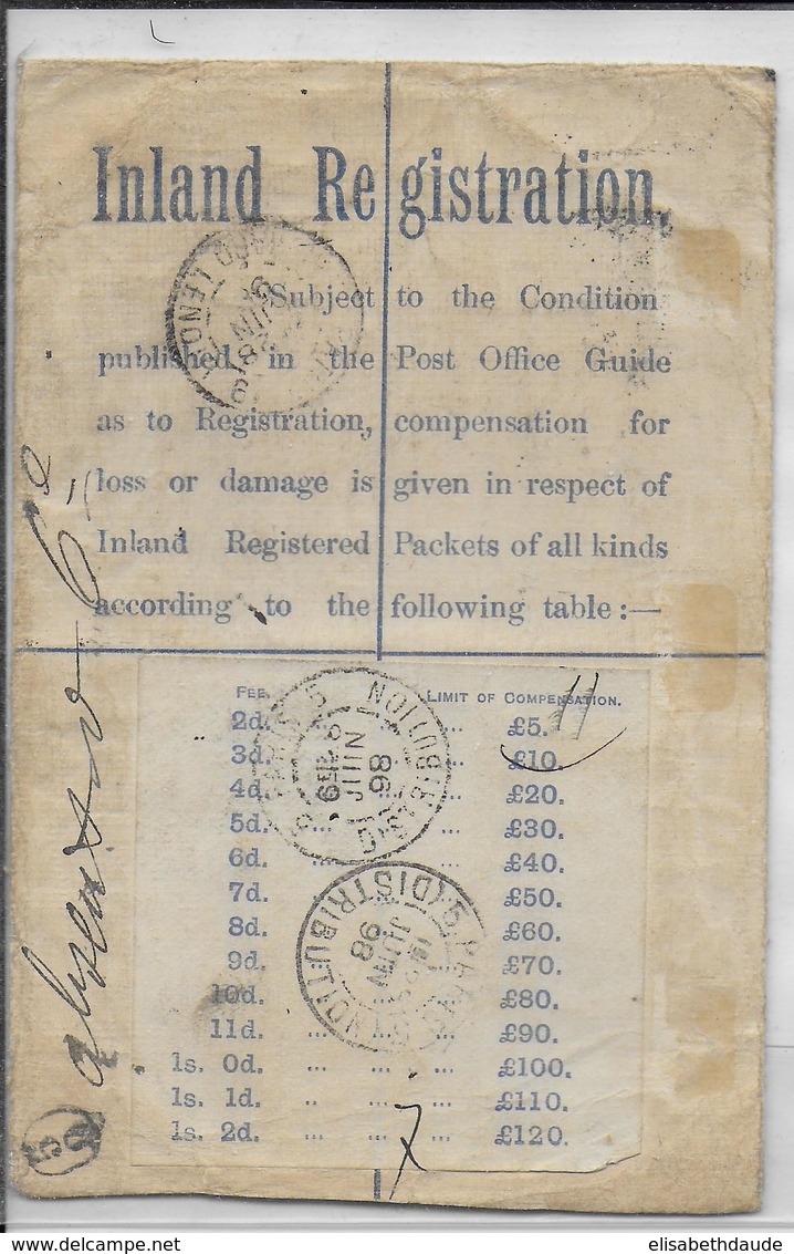 GB - 1898 - ENVELOPPE RECOMMANDEE ENTIER POSTAL De LONDRES Avec ETIQUETTE Des NIVEAUX D'ASSURANCE COLLEE VERSO => PARIS - Brieven En Documenten