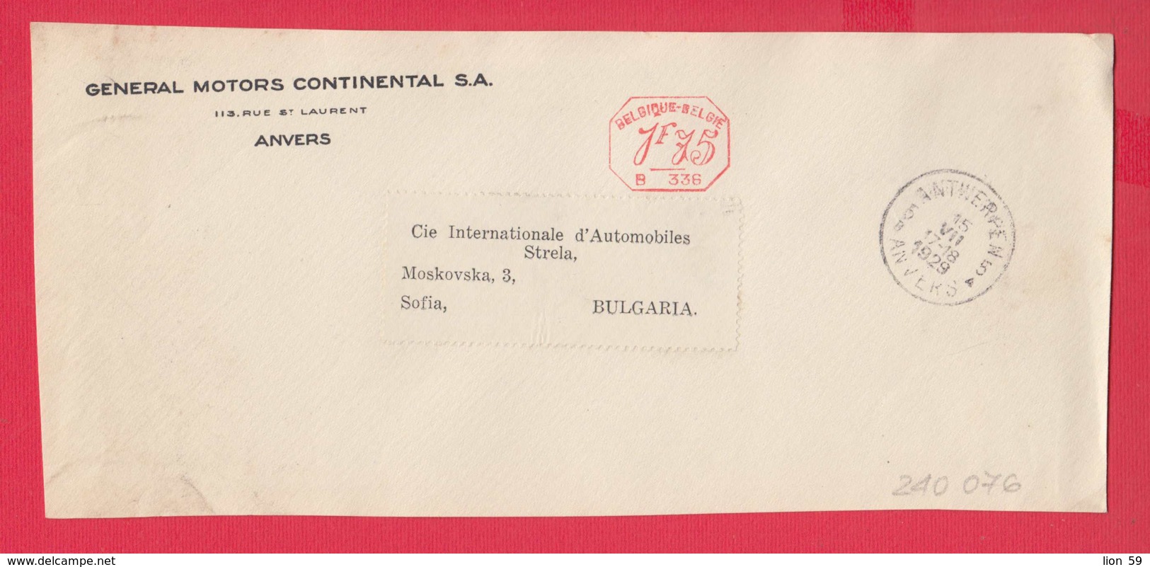 240076 / Belgium - ANVERS 1929 - 1.75 F. (B. 336) - GENERAL MOTORS CONTINENTAL S.A. - Franking Machine , EMA - ...-1959