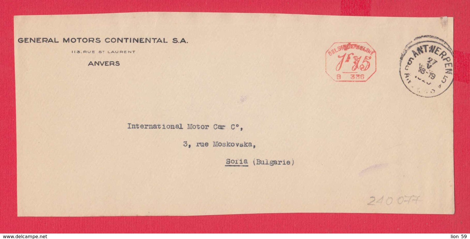 240077 / Belgium - ANVERS 1929 - 1.75 F. (B. 336) - GENERAL MOTORS CONTINENTAL S.A. - Franking Machine , EMA - ...-1959