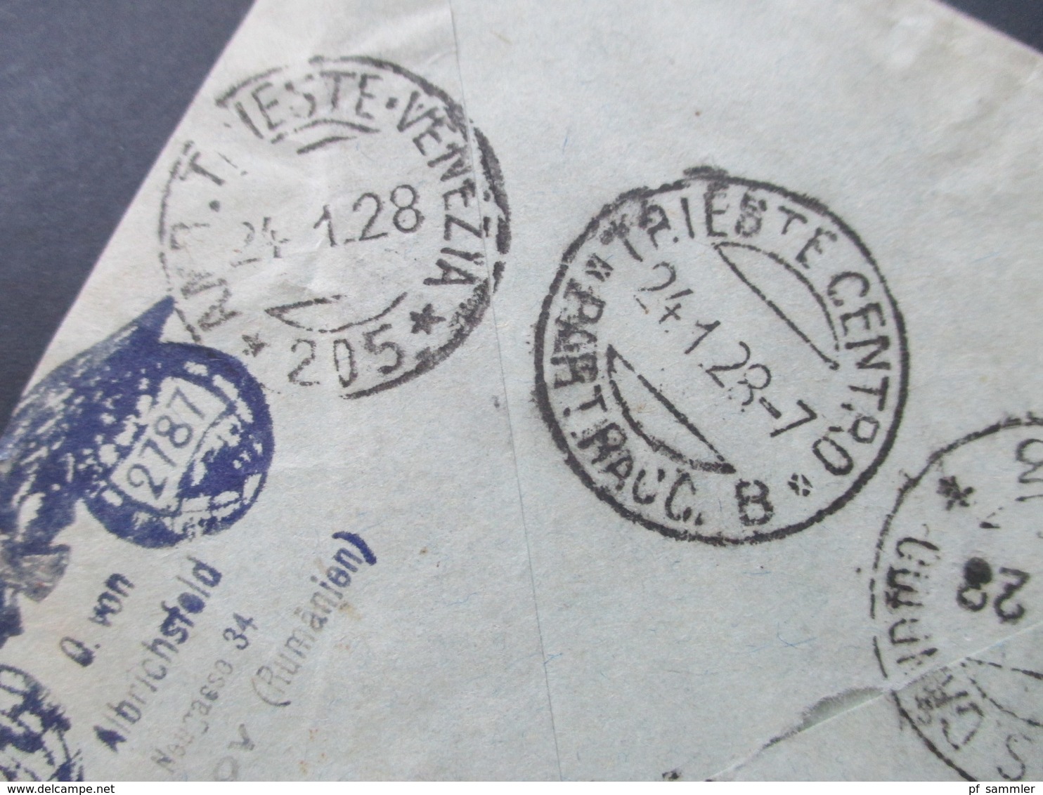 Rumänien 1928 Vierfarbenfrankatur / 4 Marken Einschreiben Brasov Central Recomandate mit 8 Stempeln nach Italien
