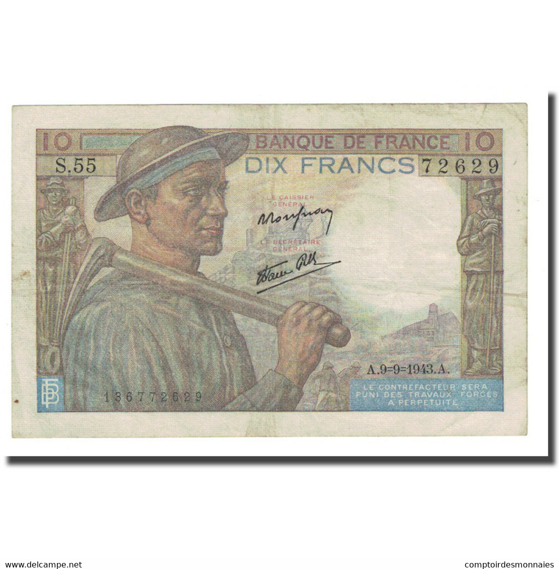 France, 10 Francs, Mineur, 1943-09-09, TTB, Fayette:8.9, KM:99d - 10 F 1941-1949 ''Mineur''