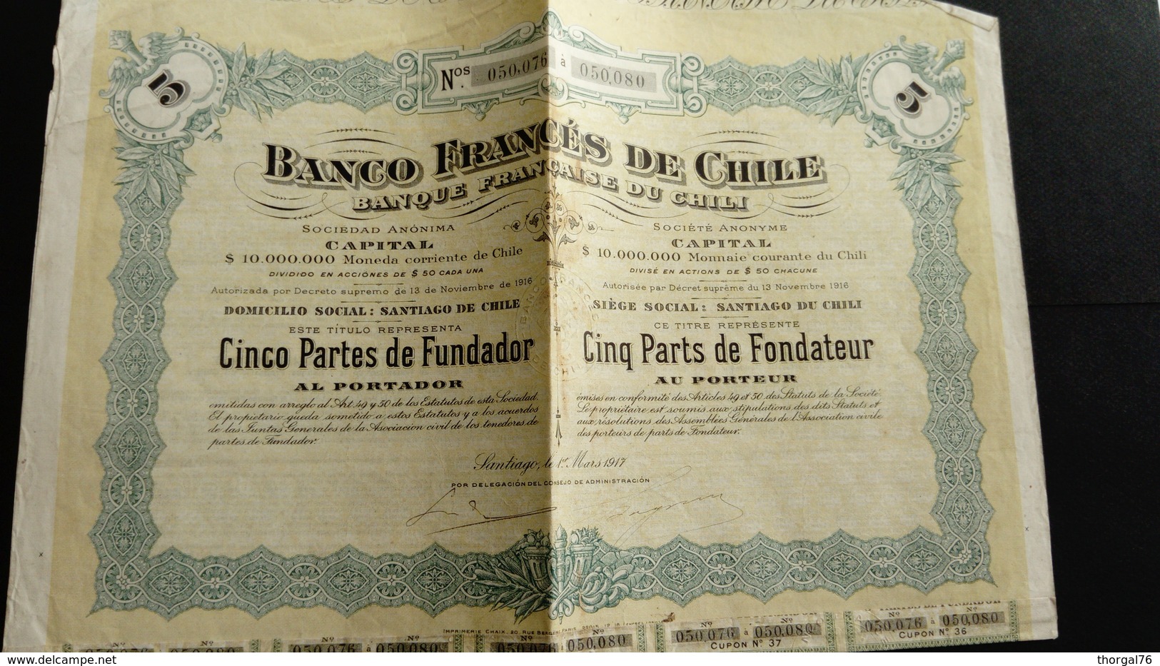 BANQUE FRANCAISE DU CHILI 1917 BONS AU PORTEUR