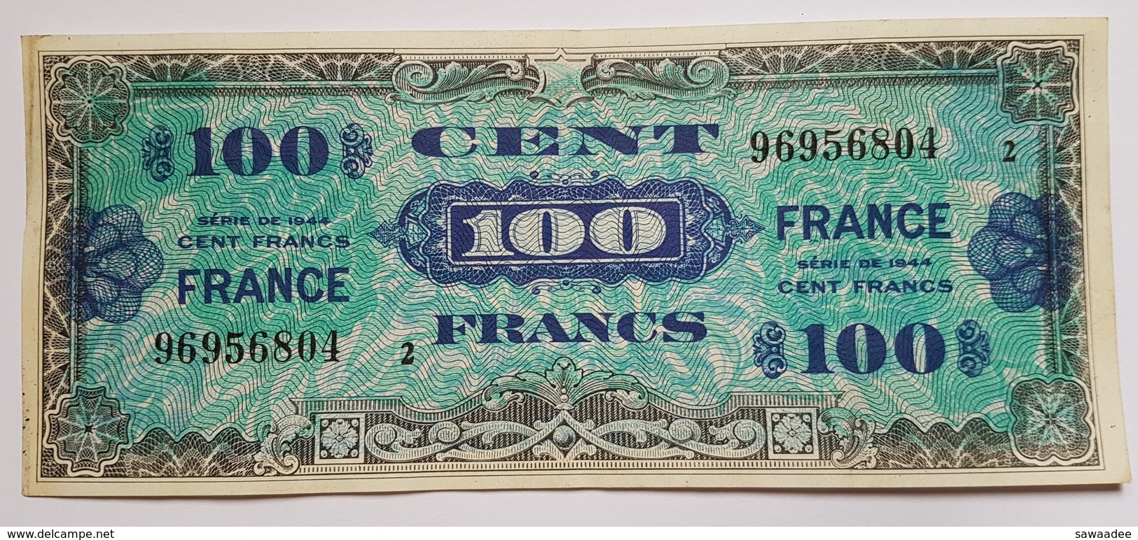 BILLET FRANCE - P.118b - CHIFFRE 2 - 100 FRANCS - SERIE DE 1944 - BILLET MILITAIRE ALLLIE SECONDE GUERRE MONDIALE - 1944 Flagge/Frankreich