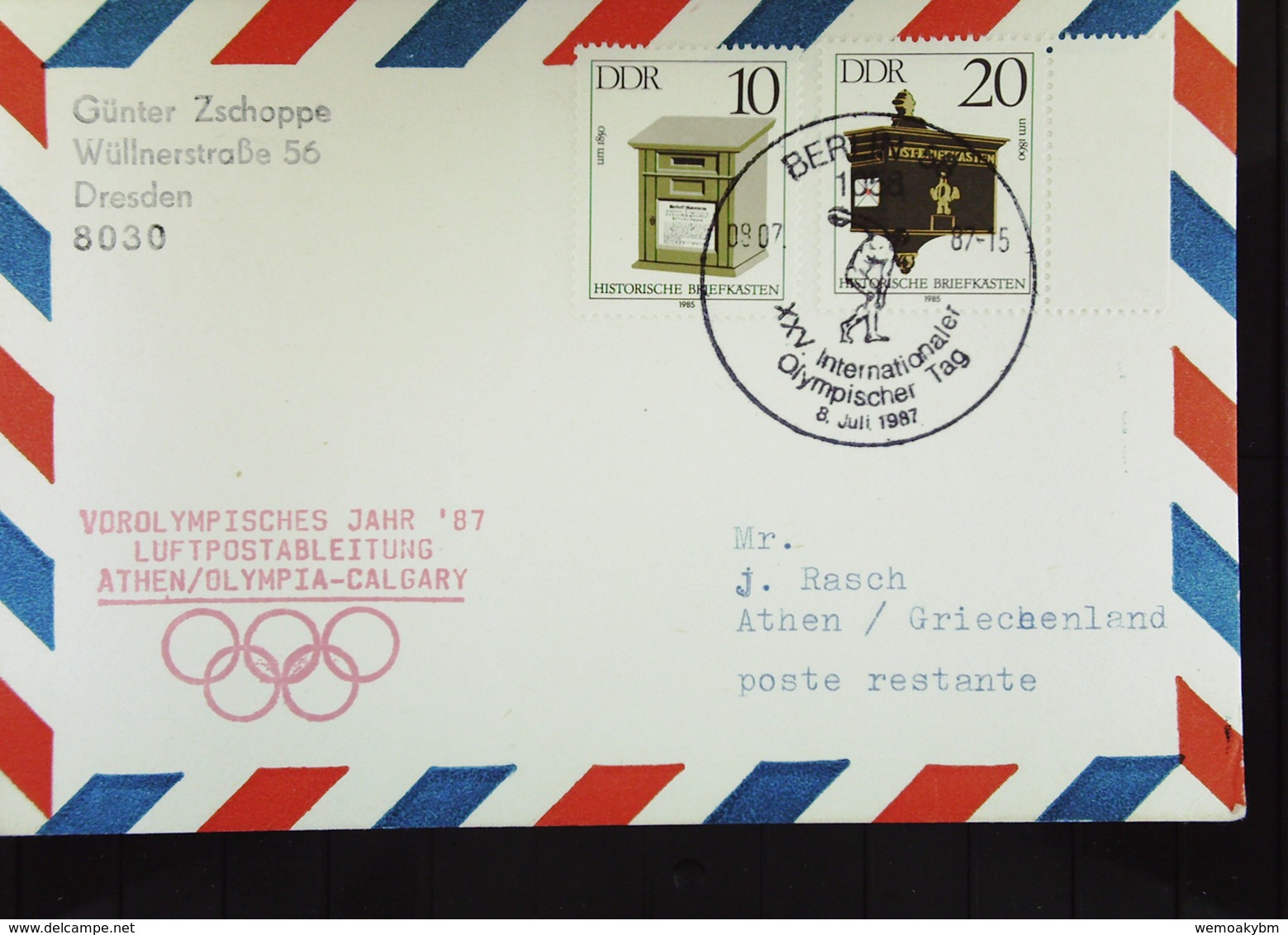 DDR: Lp-Kte Nach Athen SoSt. XXV. Int. Olymp. Tag, Roter Chachet "Vorolymp.Jahr `87" Letzte Vorber. Som-Spiele Mit DDR - Airmail