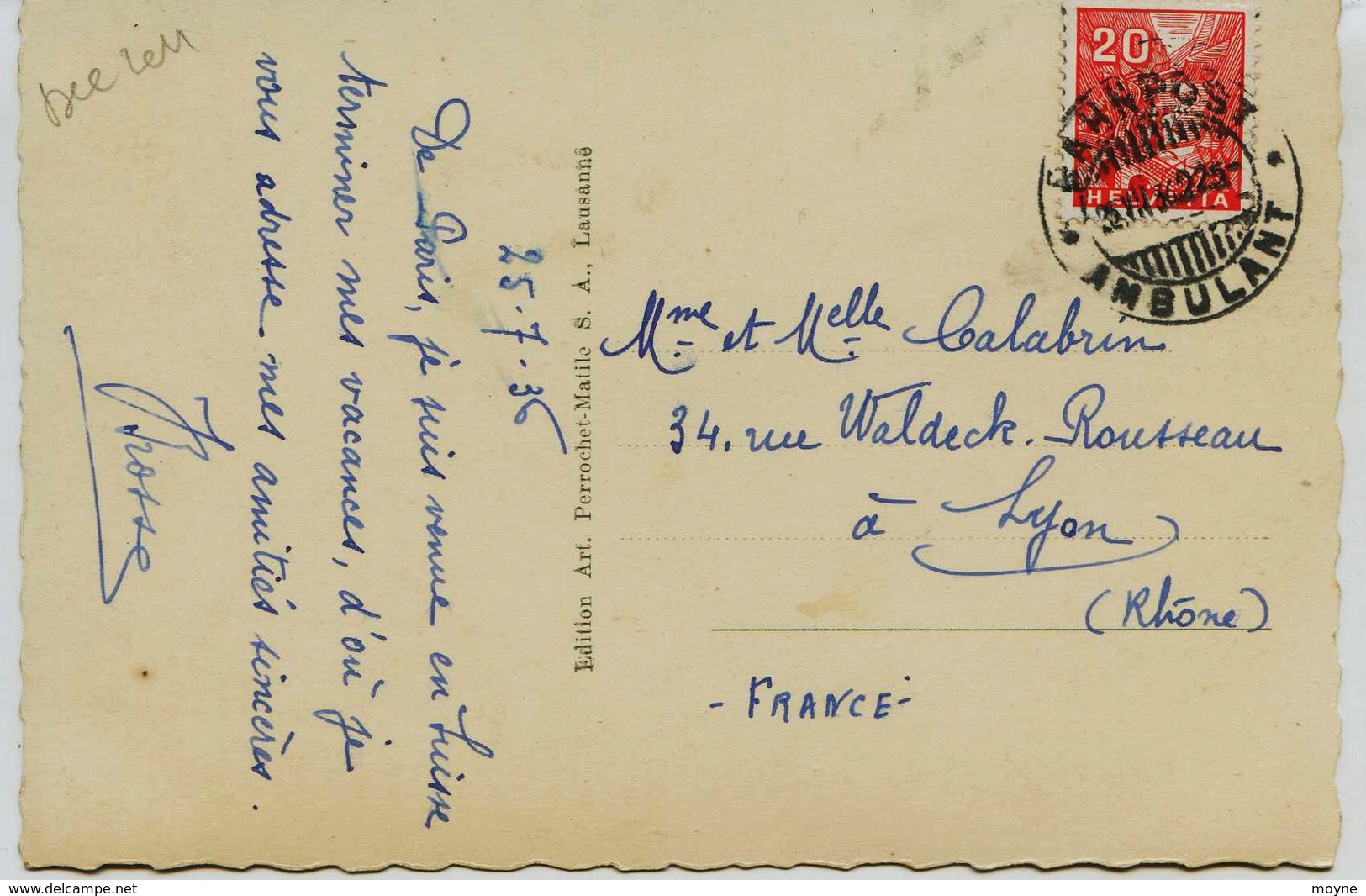 3609  - Suisse - MOUTIER  :  CACHET  AMBULANT & VUE GENERALE    - RARE  1936 - Moutier