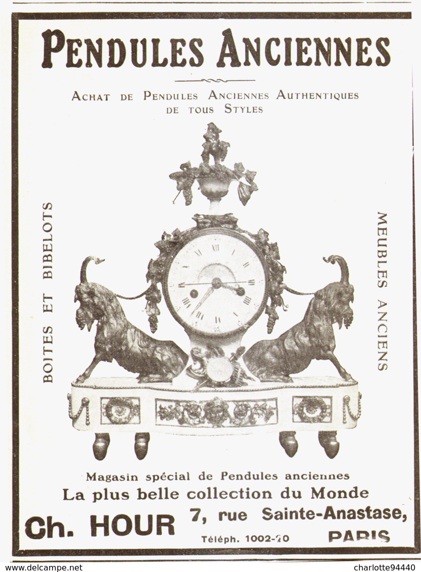 PUB PENDULES ANCIENNES   " CH. HOUR  "   1913  ( 8 ) - Wanduhren