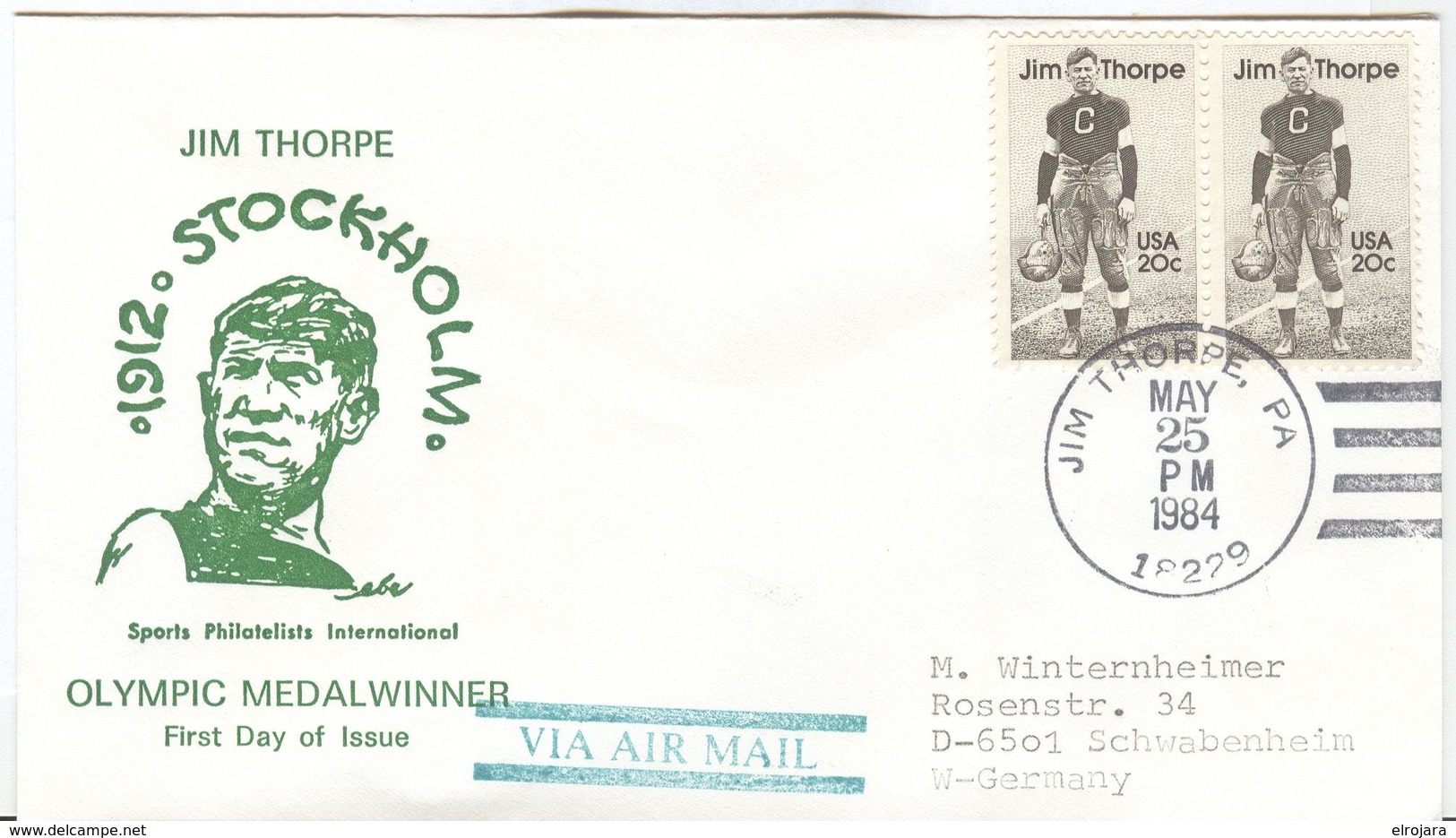 USA JIM Thorpe Winner Decathlon 1912 First Day Cancel Jim Thorpe MAY 25 1984 Postoffice Cancel On The Back - Sommer 1912: Stockholm