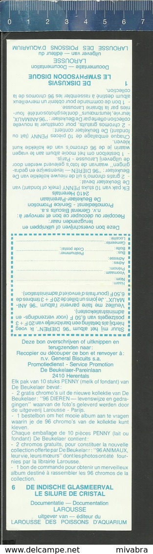 Chromo DE BEUKELAER - N° 1 - DISKUSVIS & N° 6 - INDISCHE GLASMEERVAL Uit Het Album 96 DIEREN - 96 ANIMAUX -DOC. LAROUSSE - De Beukelaer