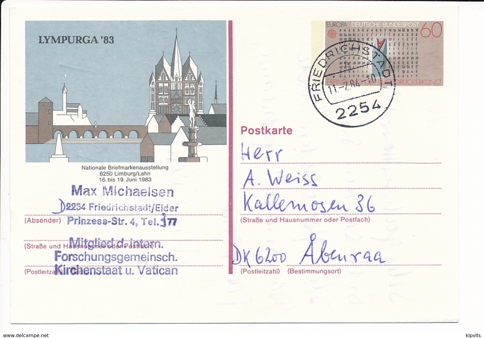 60 Pf. Solo Abroad / Lympurga '83 CEPT Europa / 11 February 1984 Friedrichstadt To Denmark - Cartes Postales Privées - Oblitérées