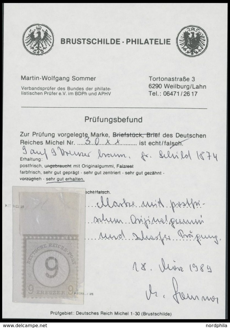 Dt. Reich 30 **, 1874, 9 Auf 9 Kr. Braunorange Mit Breitem Oberrand, Postfrisch, Pracht, Fotobefund Sommer - Gebraucht