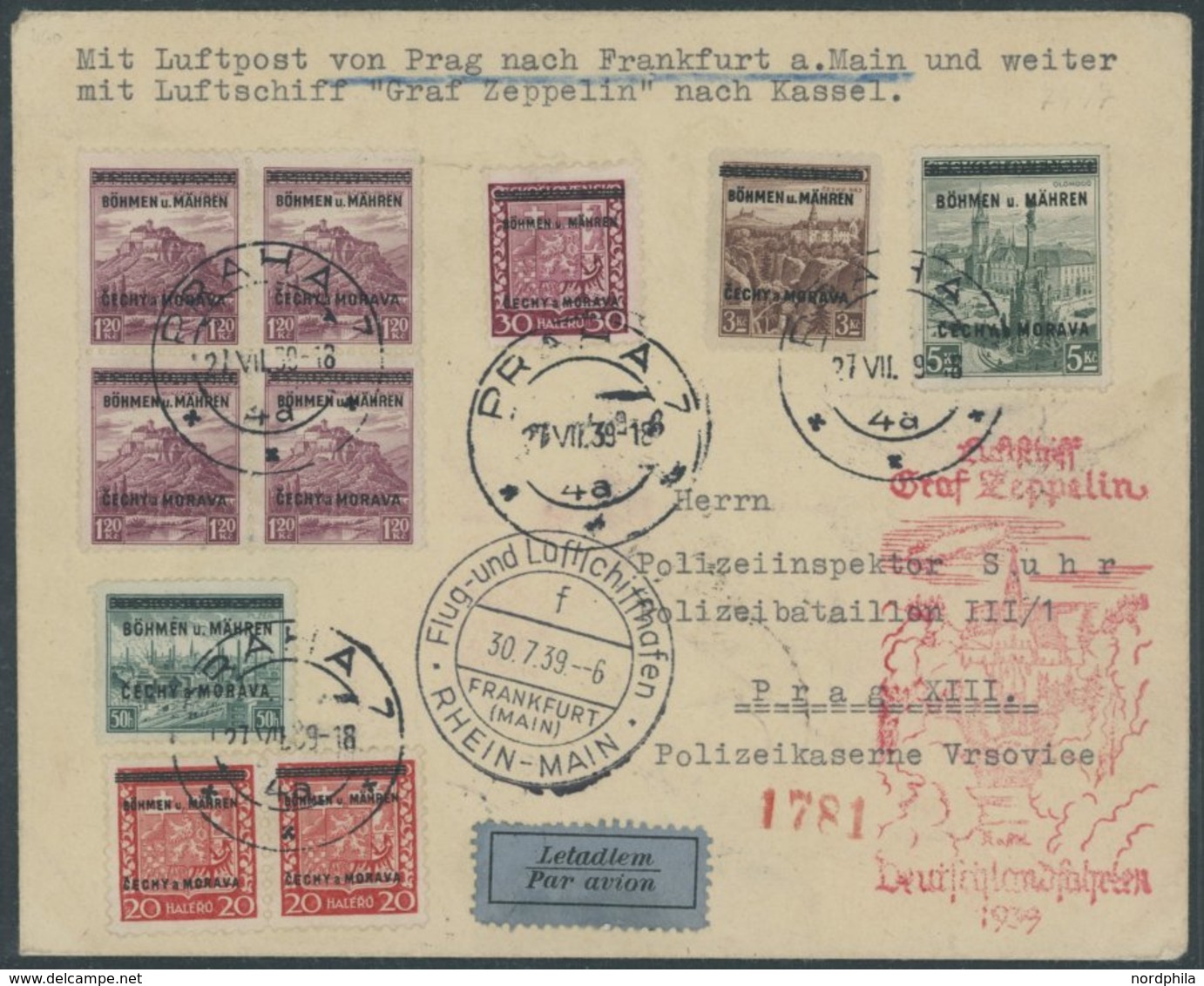 Böhmen Und Mähren: 1939, Fahrt Nach Kassel, Einschreibbrief Mit 10 Marken, Pracht -> Automatically Generated Translation - Luft- Und Zeppelinpost