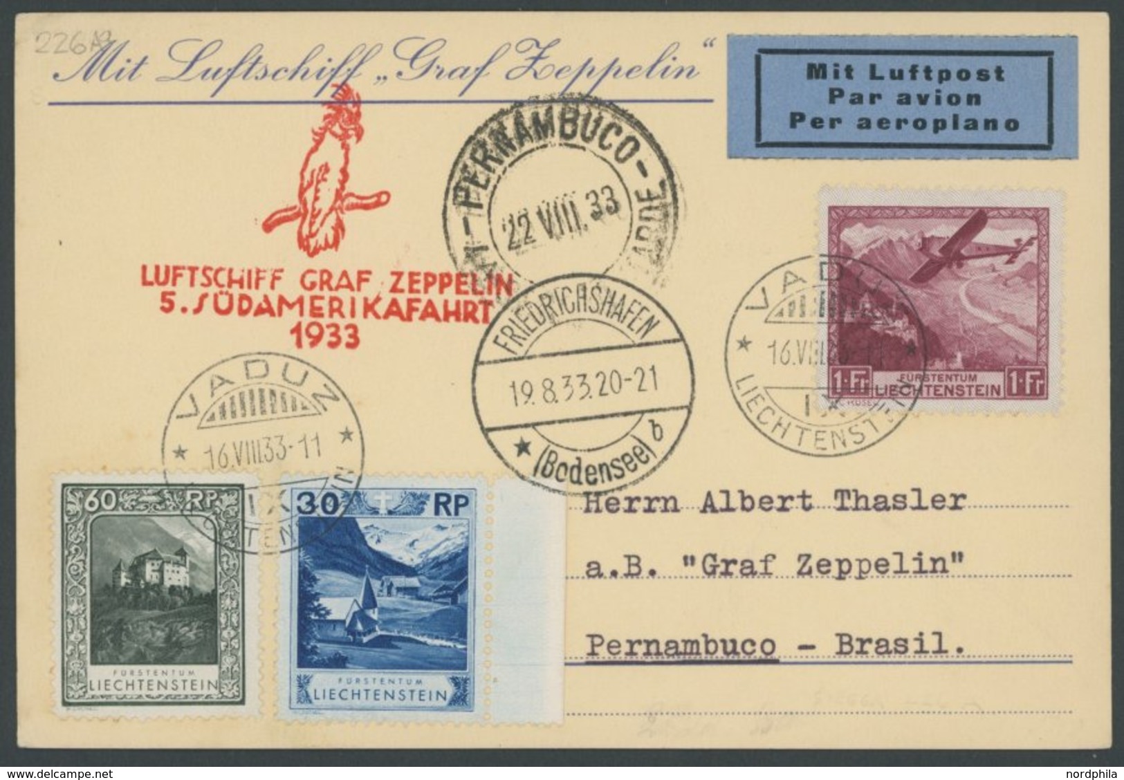 ZULEITUNGSPOST 226Aa BRIEF, Liechtenstein: 1933, 5. Südamerikafahrt, Frankiert U.a. Mit Mi.Nr. 113, Prachtkarte - Poste Aérienne & Zeppelin