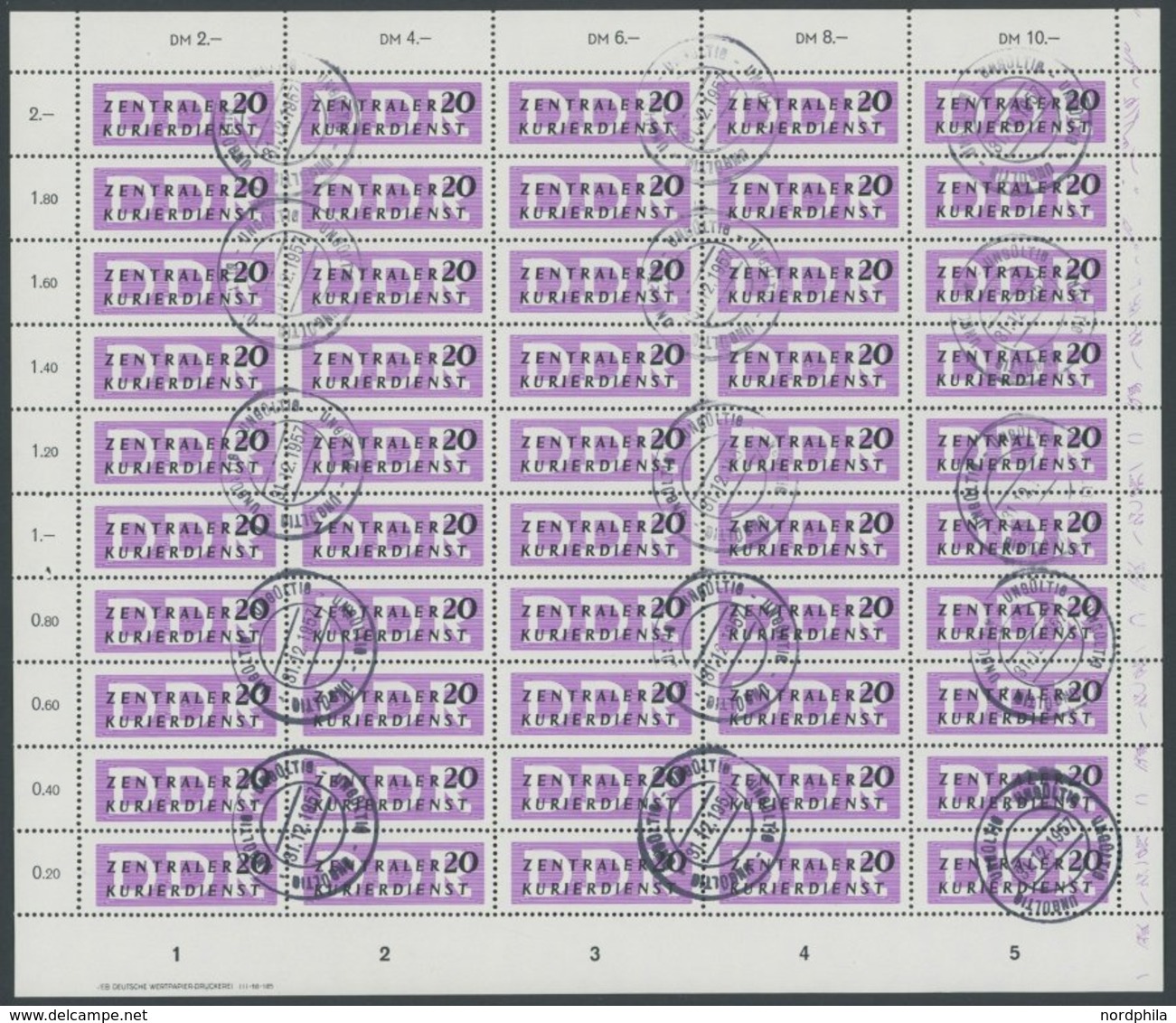 DIENSTMARKEN B D II O, Nicht Ausgegeben: 1957, 20 Pf. Mittelviolettpurpur Im Bogen (50) Mit Ungültig-Stempeln, Mit Druck - Sonstige & Ohne Zuordnung