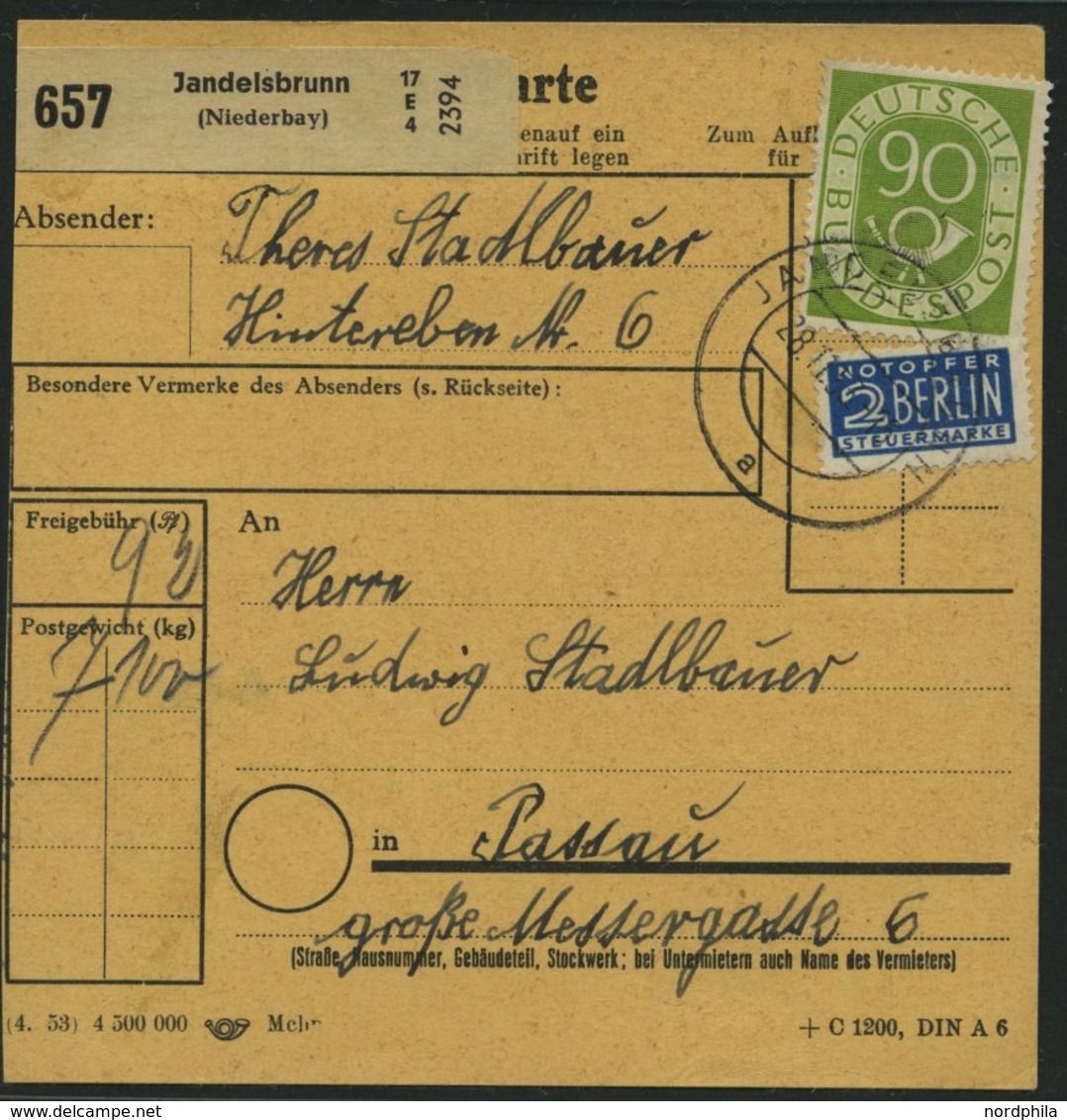 BUNDESREPUBLIK 138 BRIEF, 1953, 90 Pf. Posthorn, Einzelfrankatur Auf Paketkarte Aus JANDELSBRUNN, Pracht - Sonstige & Ohne Zuordnung