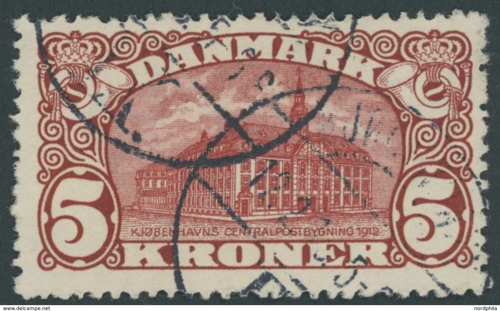 DÄNEMARK 66 O, 1912, 5 Kr. Hauptpost, Wz. 1, Rauhe Zähnung, Pracht, Mi. 120.- - Gebraucht