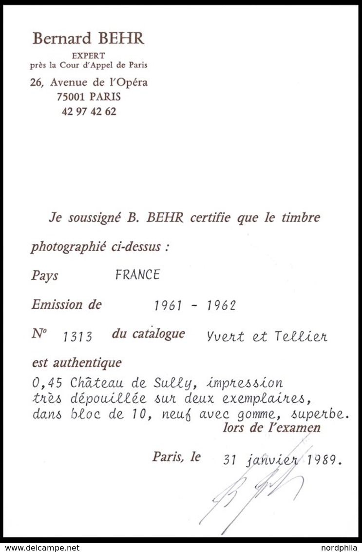 FRANKREICH 1367 **, 1961, 0.45 Fr. Sully-sur-Loire Im Zehnerblock, Dabei 2x Die Abart Weiße Burg (Yvert 1313a), Pracht,  - Sonstige & Ohne Zuordnung