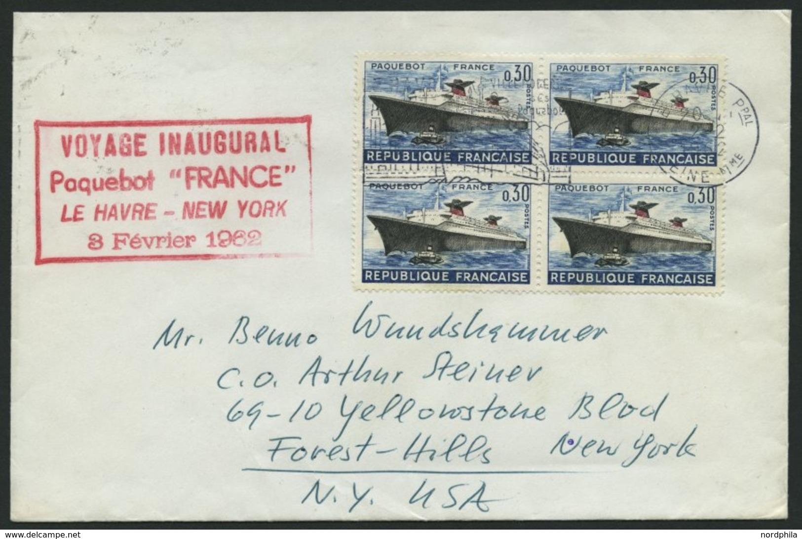 FRANKREICH 1378 VB BRIEF, 1962, 0,30 Fr. France Im Viererblock Auf Schiffspostbrief, Mit Der France Befördert, Roter R4, - Sonstige & Ohne Zuordnung