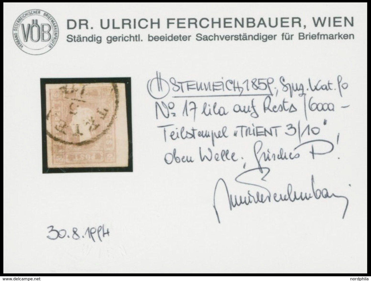 ÖSTERREICH BIS 1867 17 O, 1858, 1.05 Kr. Lila, K1 TRIE(NT), Pracht, Fotobefund Dr. Ferchenbauer, Mi. 400.- - Used Stamps