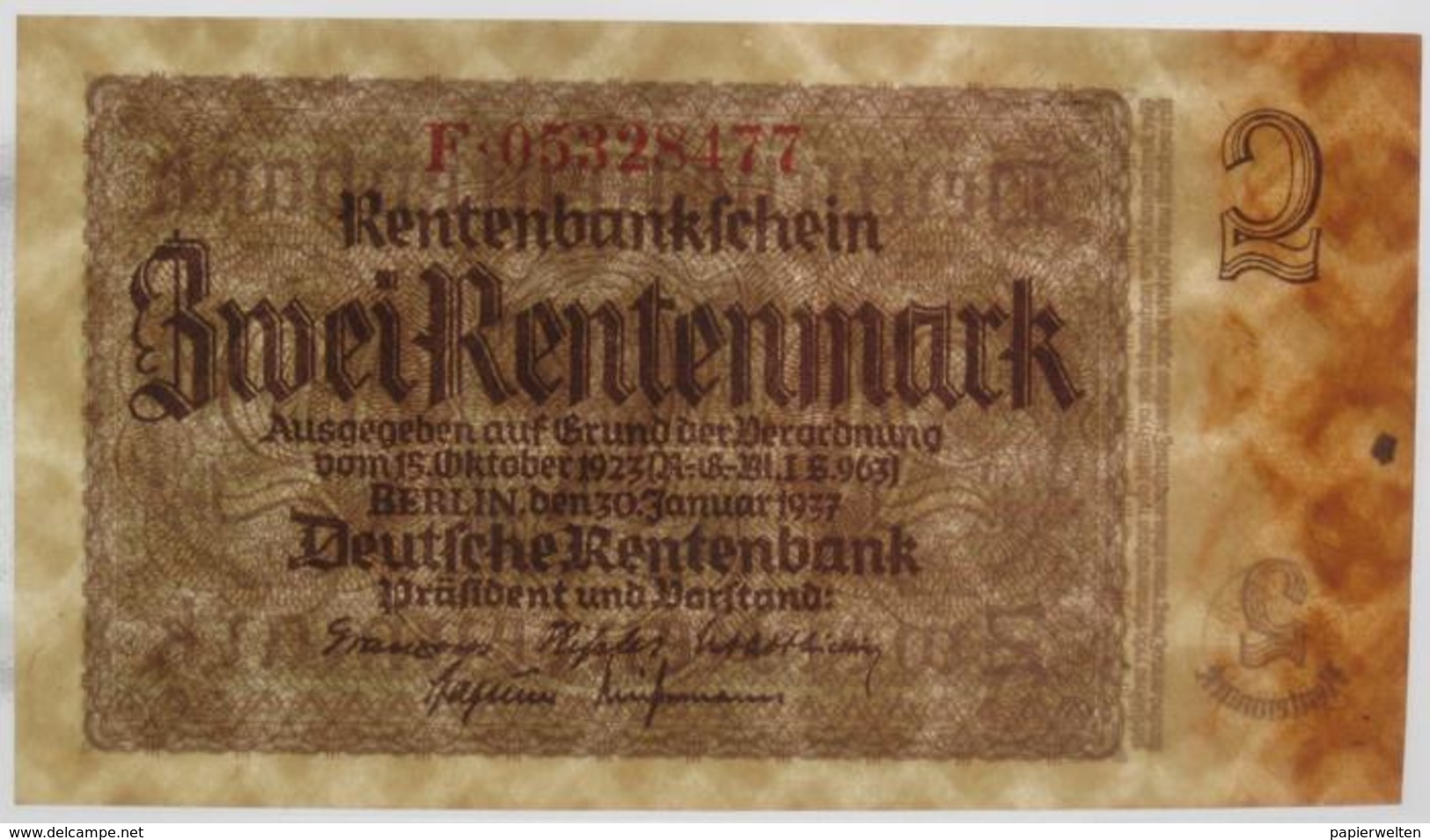 2 Rentenmark 30.1.1937 (WPM 174) "Papiereinschluss" - 2 Rentenmark