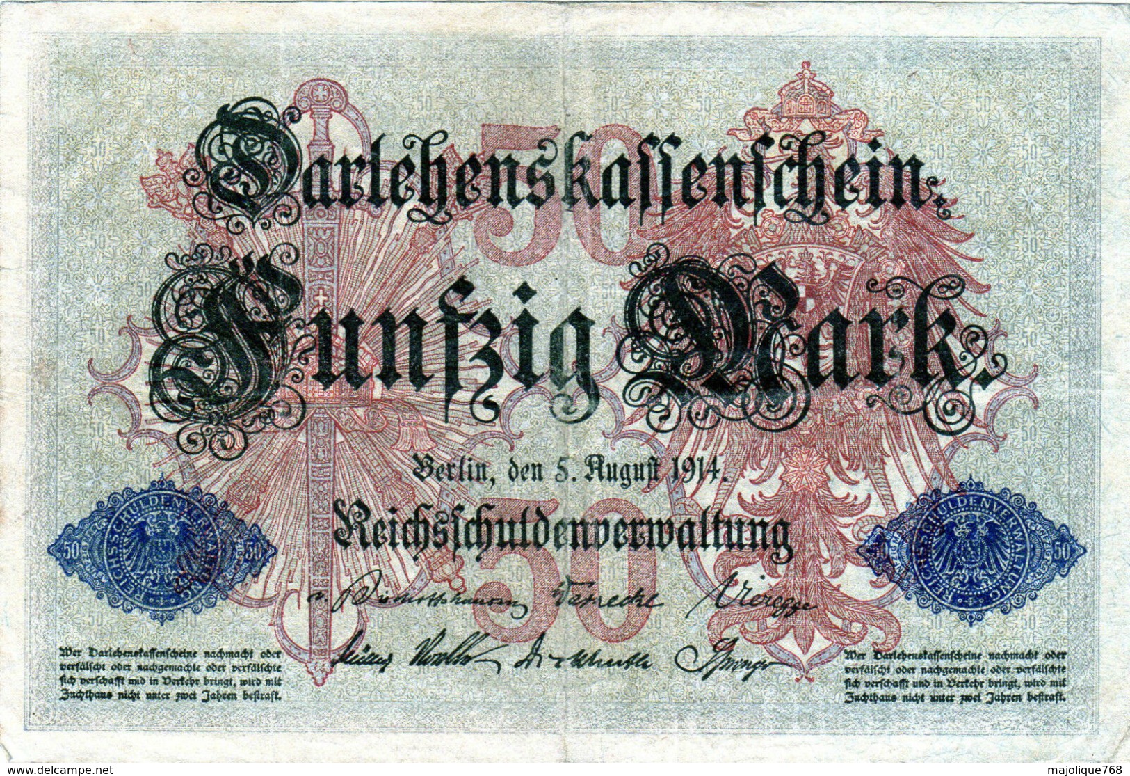 Billet Allemand De 50 Mark Du 5-8-1914- 7 Chiffres Rouge E - N°3152774 En T B - - 50 Mark