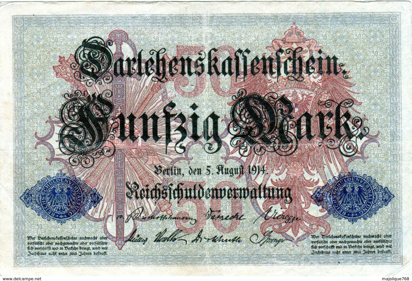 Billet Allemand De 50 Mark Du 5-8-1914- 7 Chiffres Rouge H - N°3013570 En T B - - 50 Mark