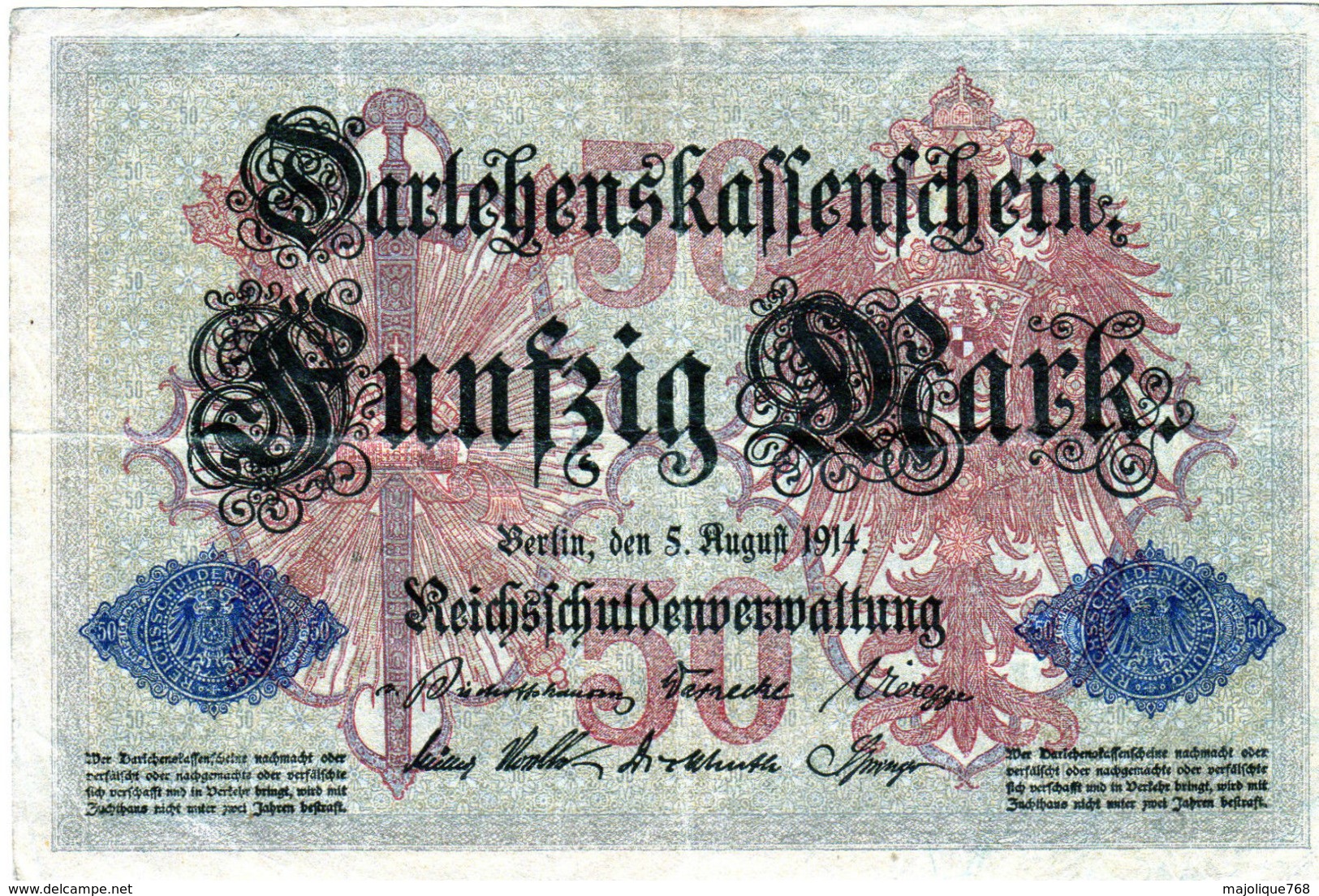 Billet Allemand De 50 Mark Du 5-8-1914- 7 Chiffres Rouge X - N°3299618 En T B - - 50 Mark