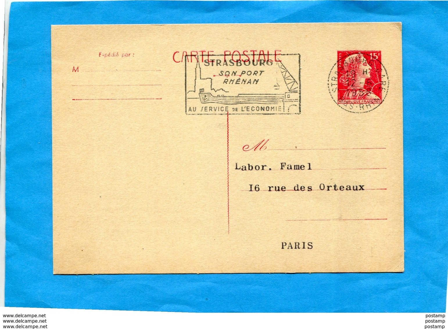 Entier Postal- Stationnery-carte15frs Marianne De Muller-repiq- Droguerie St Marc-cad +flamme1958 STRASBOURG-port - Overprinter Postcards (before 1995)