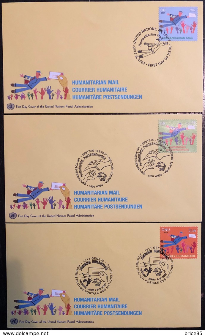 Nations Unies FDC - Premier Jour - Lot De 3 FDC - Thématique Courrier Humanitaire - 2007 - Collections, Lots & Series