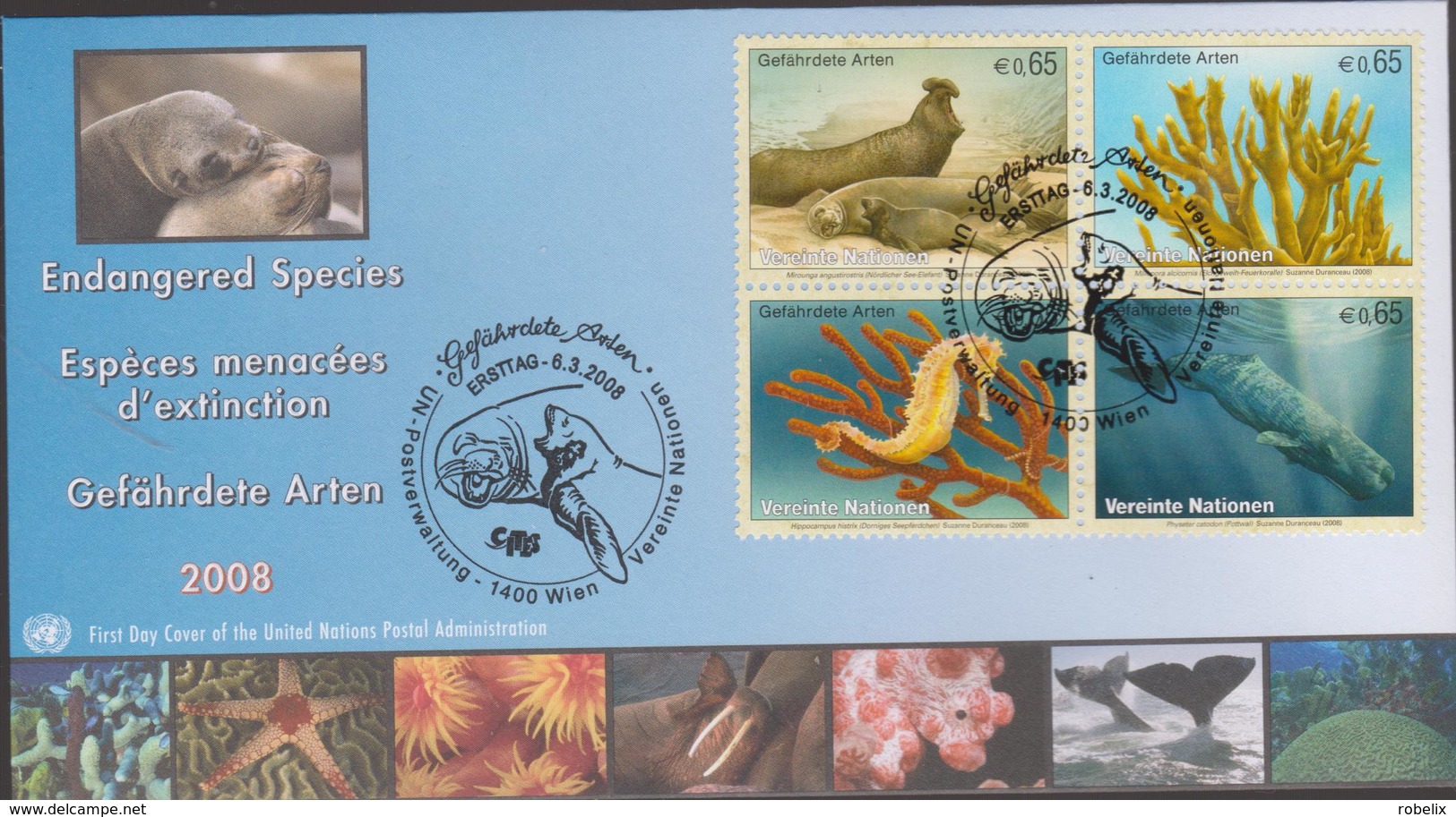 United Nations - VIENNA- 2008 -Endangered Species -Espece Menacees D'extinction -Marine Life  FDC - Briefe U. Dokumente