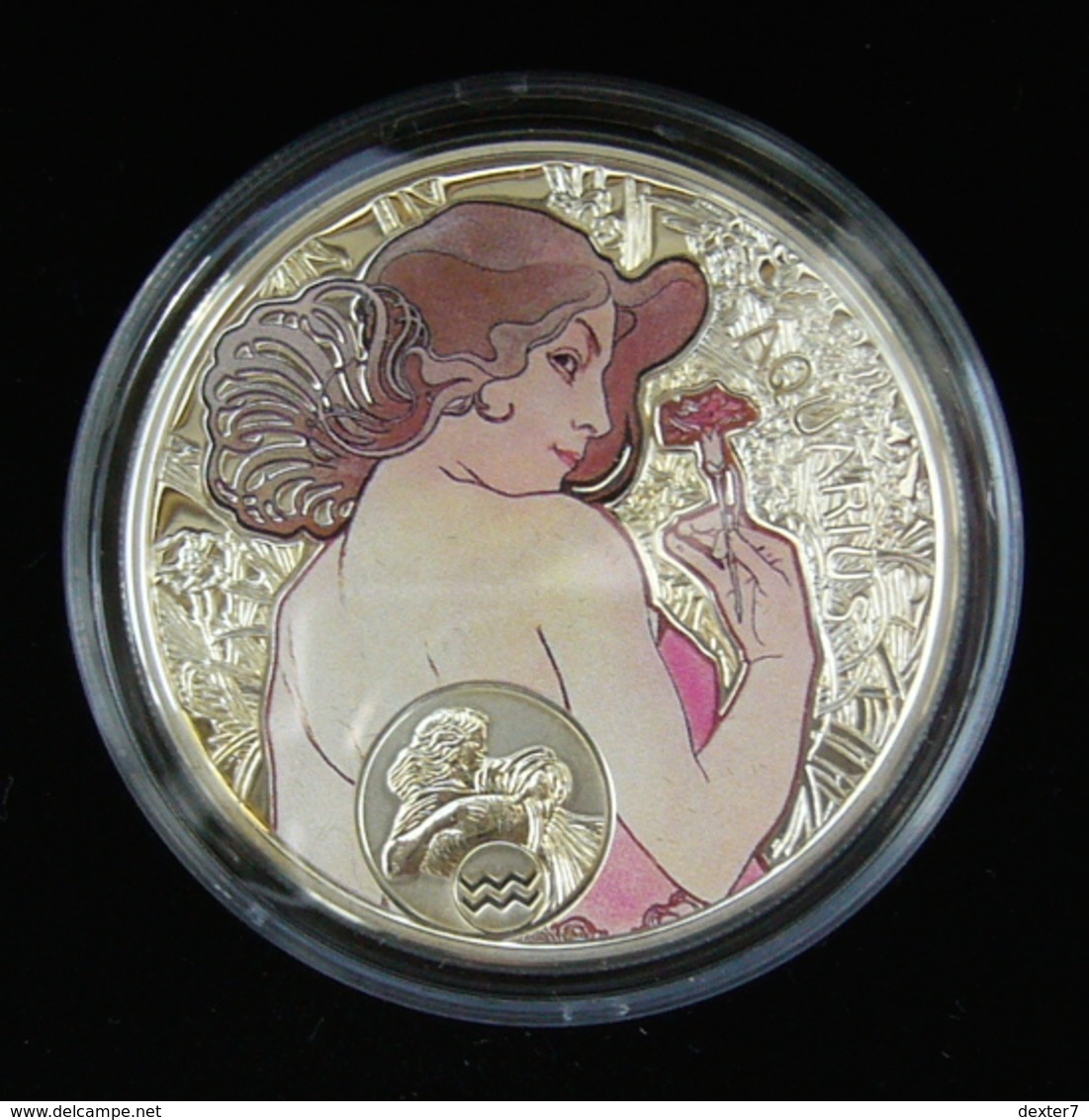 Niue, Mucha Zodiac AQUARIUS 2011 Silver 925 Sterling Box CoA - Zodiaco Segno Zodiacale ACQUARIO Argento 925 - Niue