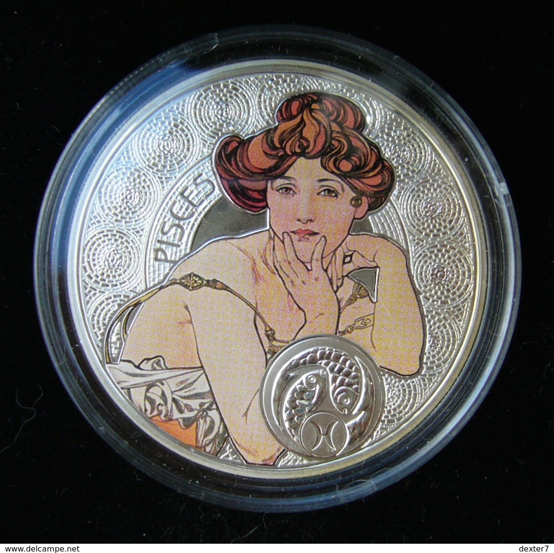 Niue, Mucha Zodiac PISCES 2011 Silver 925 Sterling Box CoA - Zodiaco Segno Zodiacale PESCI Argento 925 - Niue