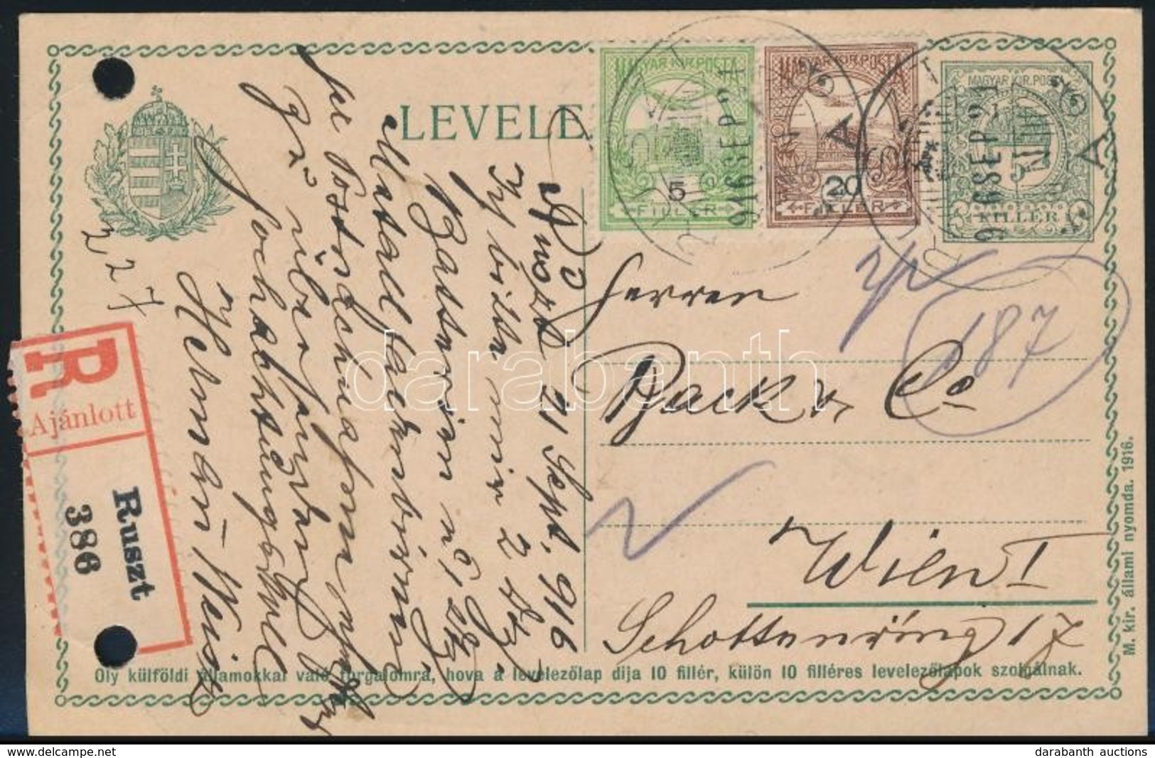 1916 Ajánlott Díjjegyes Levelezőlap Turul 5f + 20f Díjkiegészítéssel / Registered PS-card With 25f Additional Franking ' - Andere & Zonder Classificatie