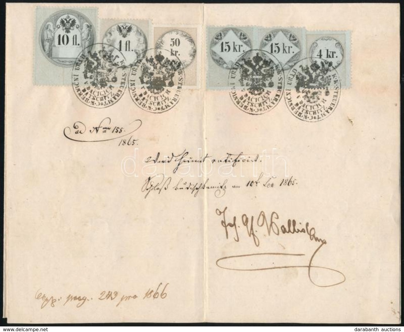 1865 Kimutatás 10Fl + 1Fl + 50kr + 2x 15kr + 4kr Illetékbélyegekkel Klf Kiadásokból - Zonder Classificatie