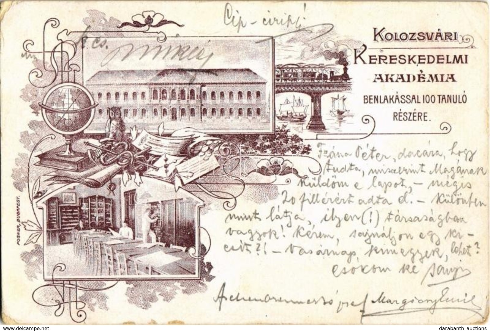 T3 1906 Kolozsvár, Cluj; Kereskedelmi Akadémia Bentlakással 100 Tanuló Részére, Belső, Híd, Gőzmozdony / Trade Academy,  - Zonder Classificatie