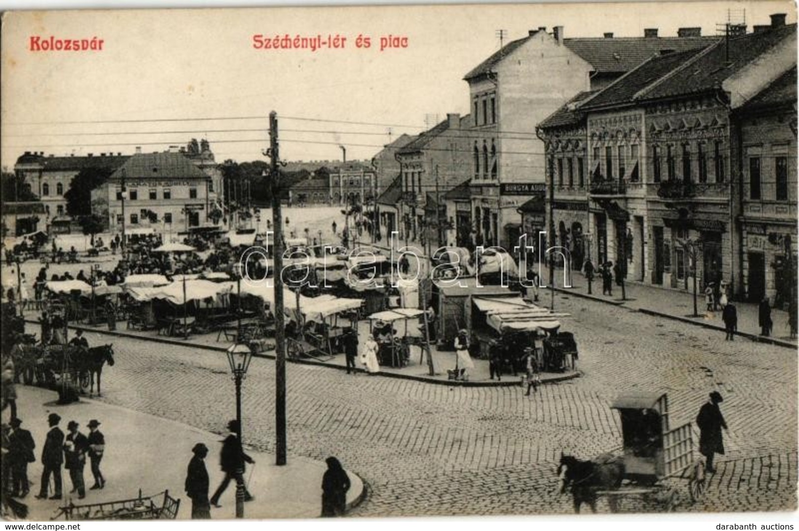 T2/T3 1911 Kolozsvár, Cluj; Széchenyi Tér és Piac, Lakatos Műhely, Burgya Adolf, Csoma J., Kirkósa Gyula üzlete. Kiadja  - Zonder Classificatie