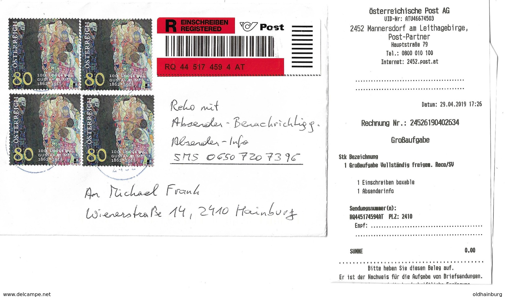 3047n: Heimatbeleg 2452 Mannersdorf Am Leithagebirge, Kleiner Postpartner, 4x Gustav Klimt- Mehrfachfrankatur, RR - Bruck An Der Leitha