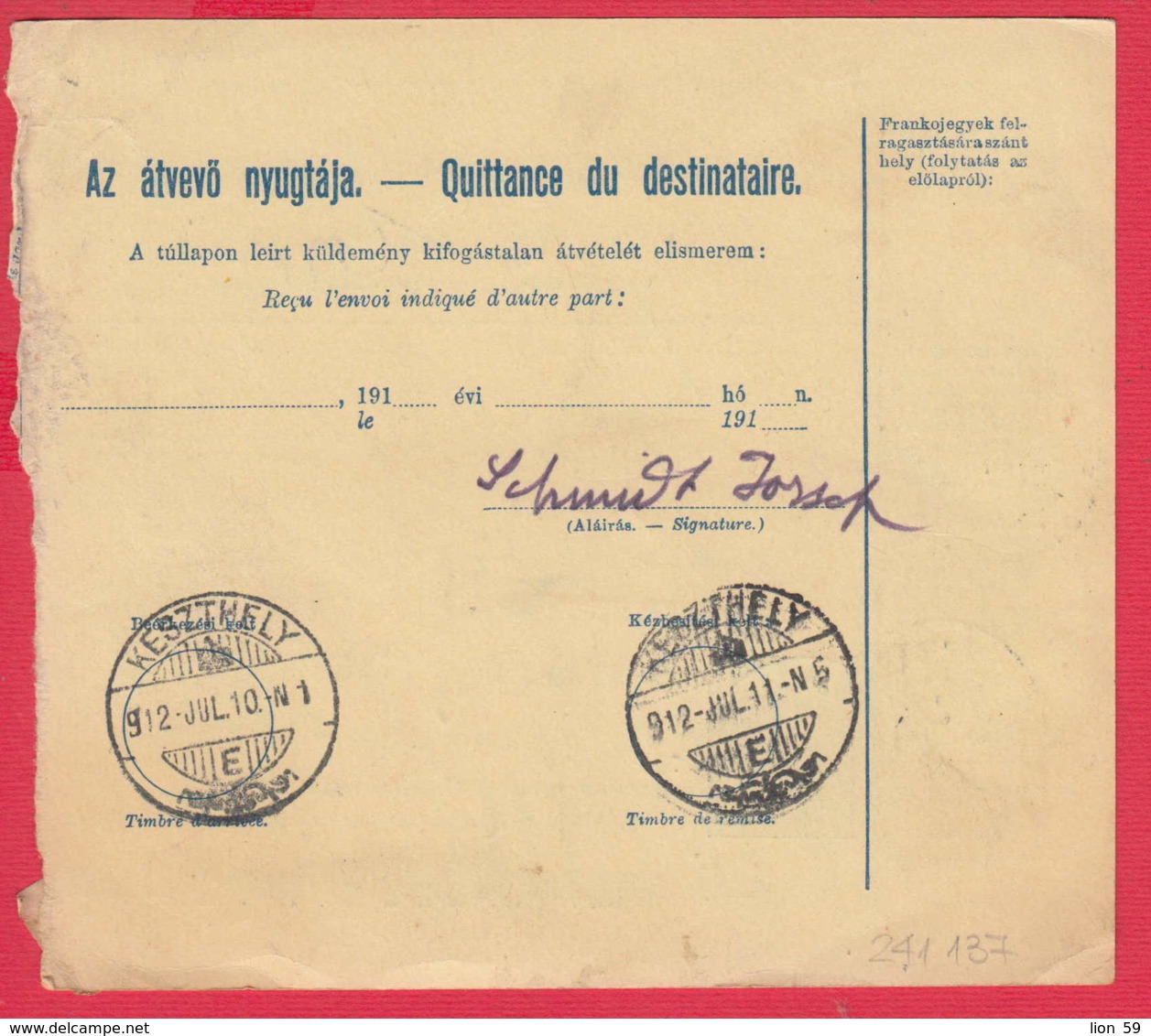 241137 / Bulletin D'Expédition 1911 - 10 12+60 Filler , KAPUVAR - KESZTHELY , Hungary Ungarn Hongrie Ungheria - Parcel Post