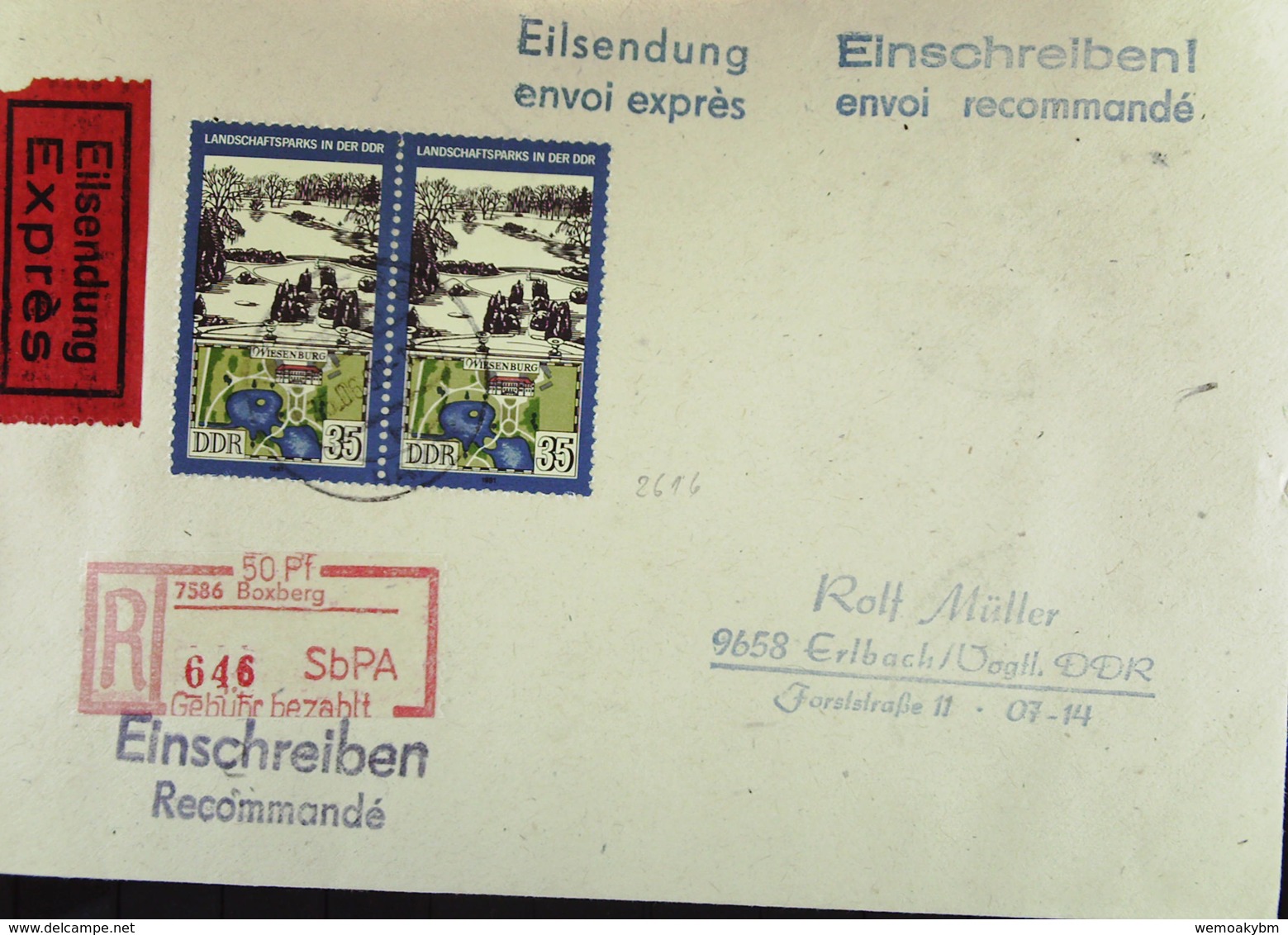 DDR: R-Eil-Fern-Bf 35 Pf Wiesenburg Landschaftsparks Mit SbPA-R-Zettel 3, 7586 Boxberg (646), 25.6.90 Knr: 2616 (2) - Labels For Registered Mail