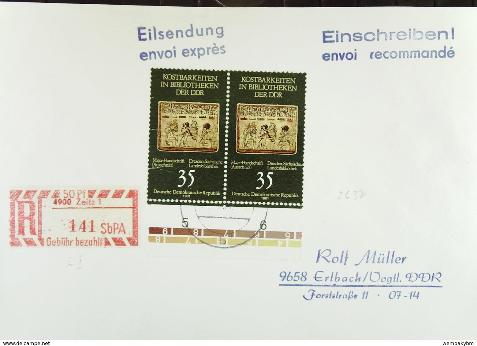 DDR: R-Eil-Fern-Bf 35 Pf Kostbarkeiten In Bibl. Der DDR Mit SbPA-R-Zettel 2, 4900 Zeitz 1 (141), 25.6.90 Knr: 2637 (2) - Labels For Registered Mail