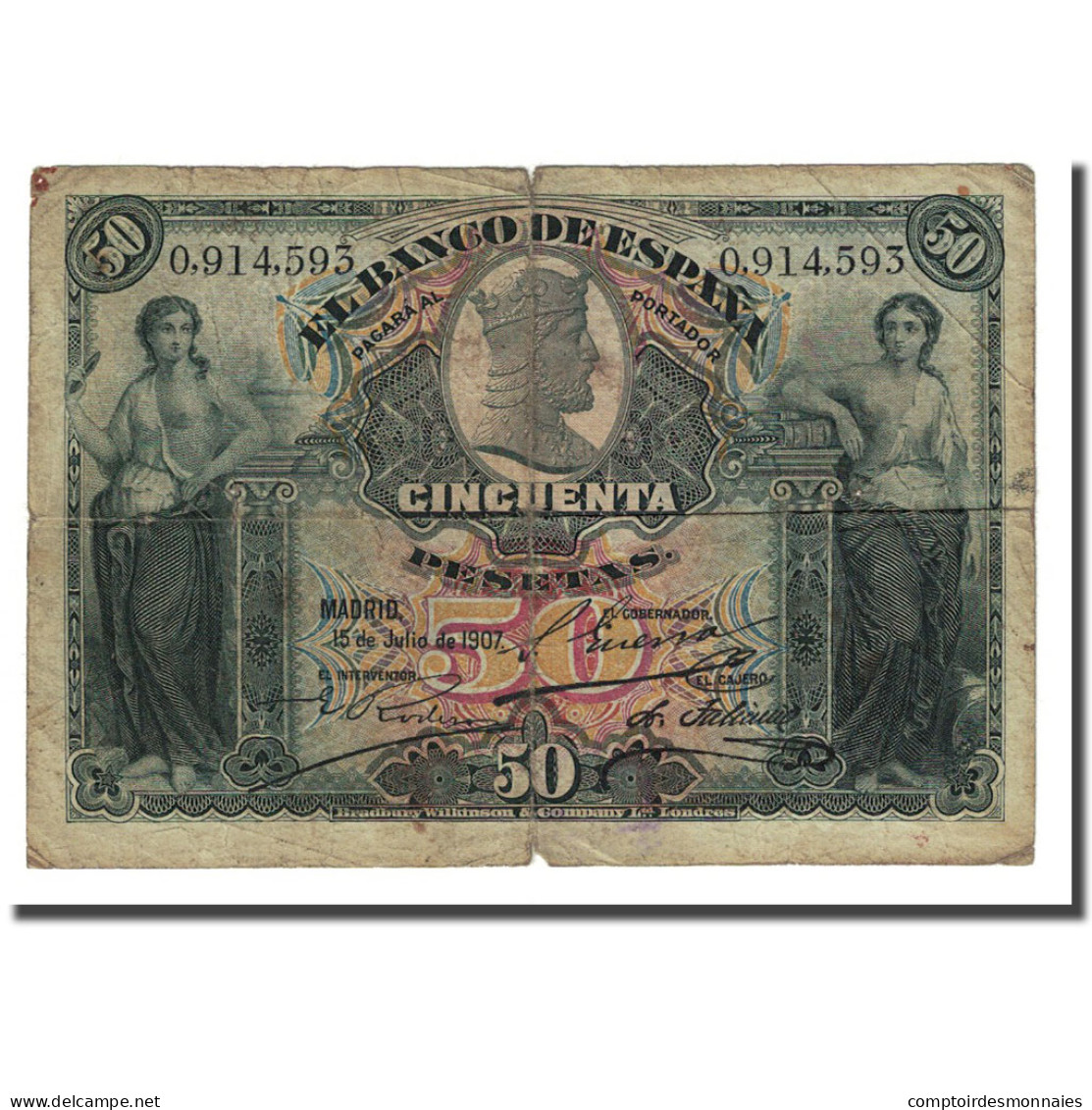 Billet, Espagne, 50 Pesetas, 1907-07-15, KM:63a, B+ - 50 Peseten