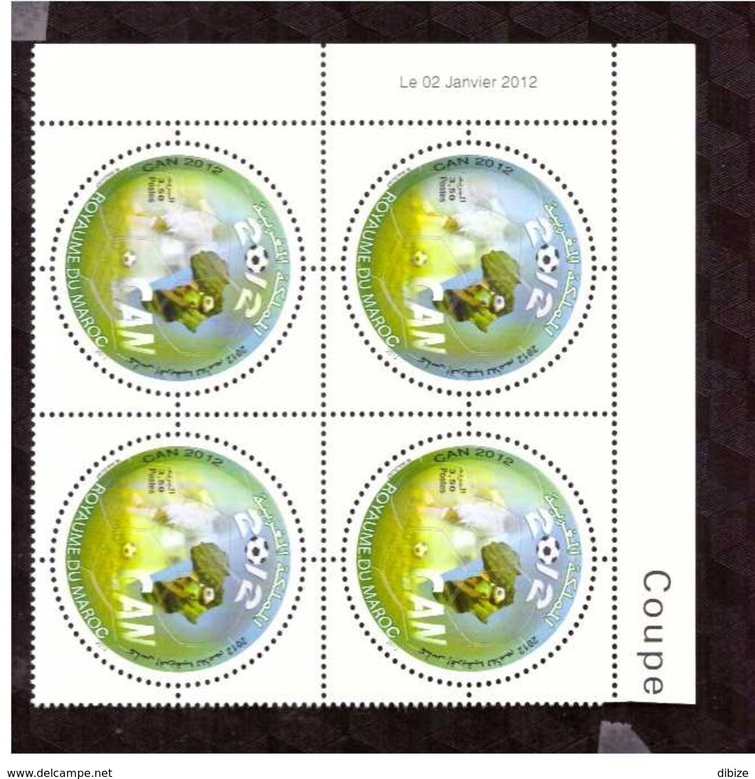 Maroc. Coin Daté De 4 Timbres De 2012. N° 1630. Coupe D'Afrique Des Nations. CAN 2012. Football. - Coupe D'Afrique Des Nations