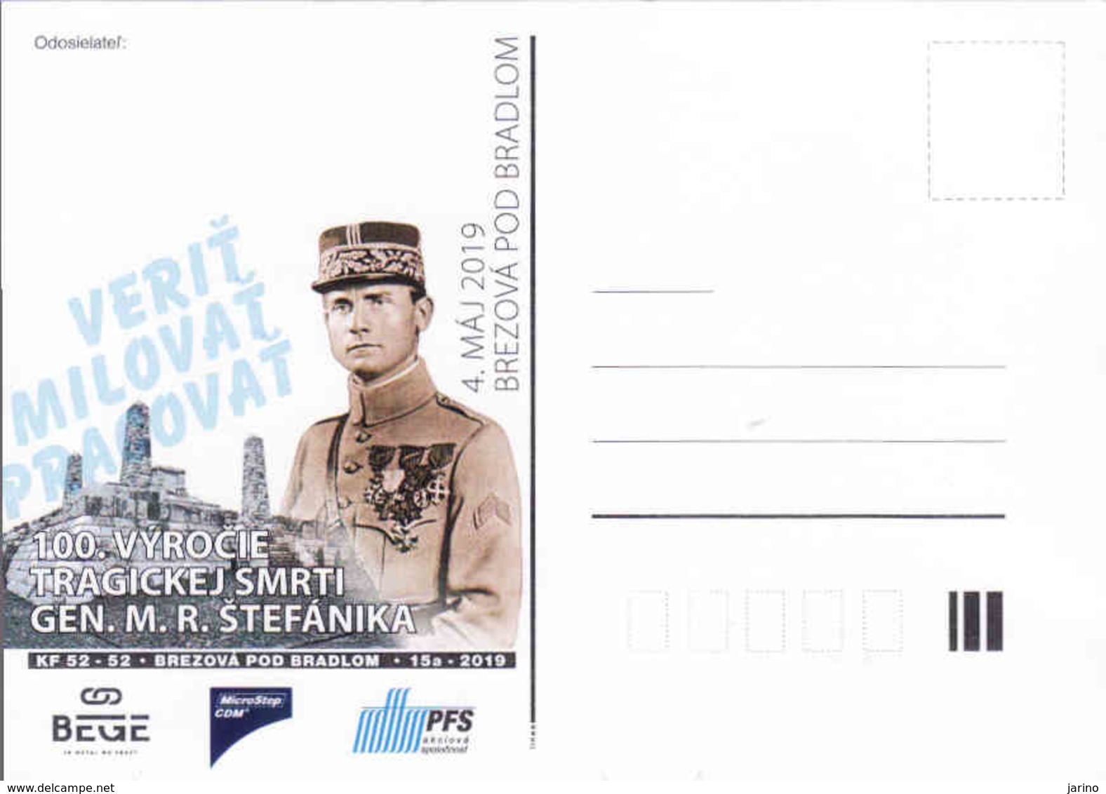Slovakia 4. Maj 2019, Carte Postale Occasionnelle 100 Ans Après Le Décès De M. R. Štefánik, Tirage 200 Pieces Only - Postcards