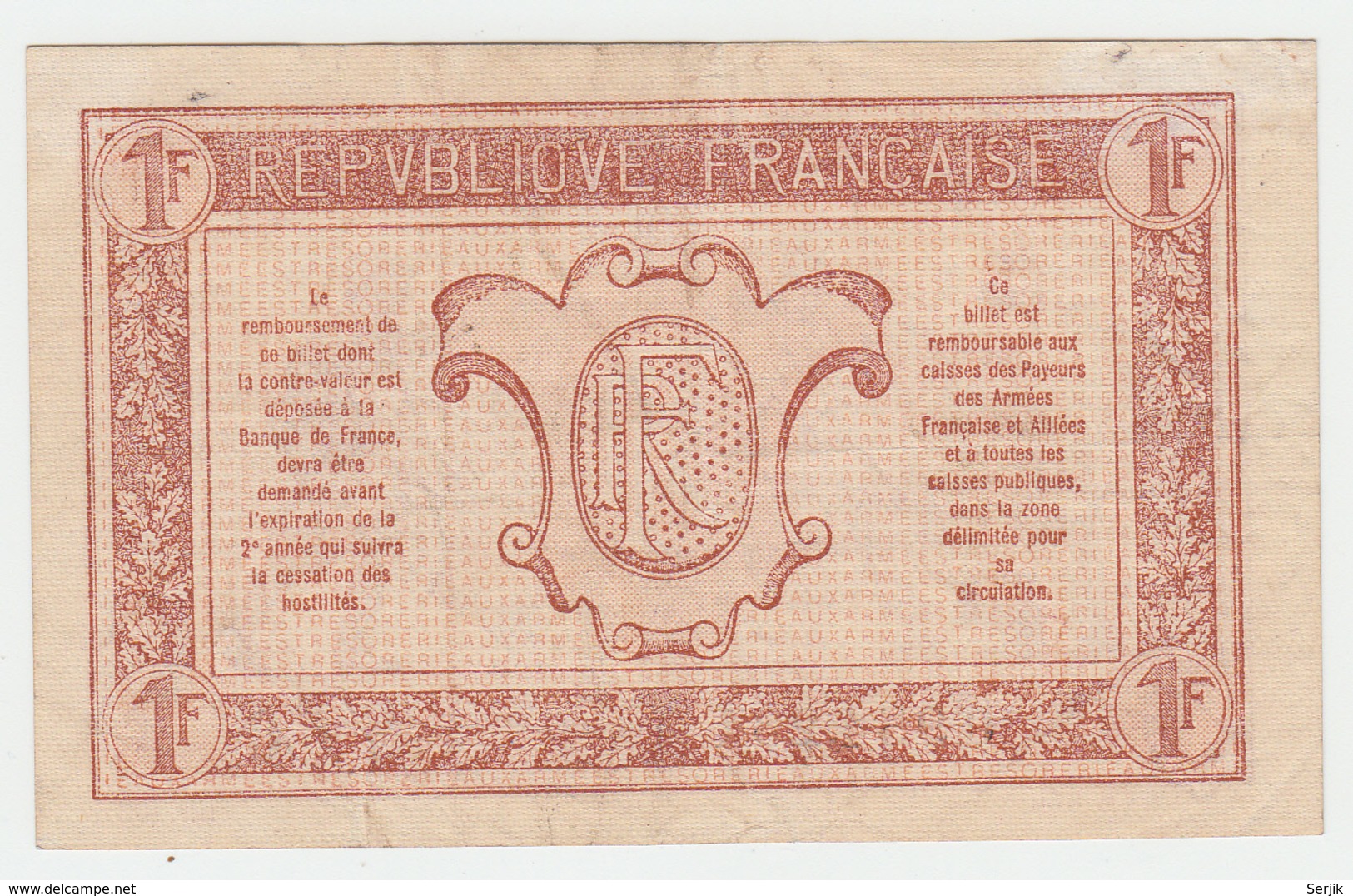 FRANCE 1 FRANC TRESORERIE AUX ARMEES 1917 VF+ Pick M2 - 1917-1919 Legerschatkist