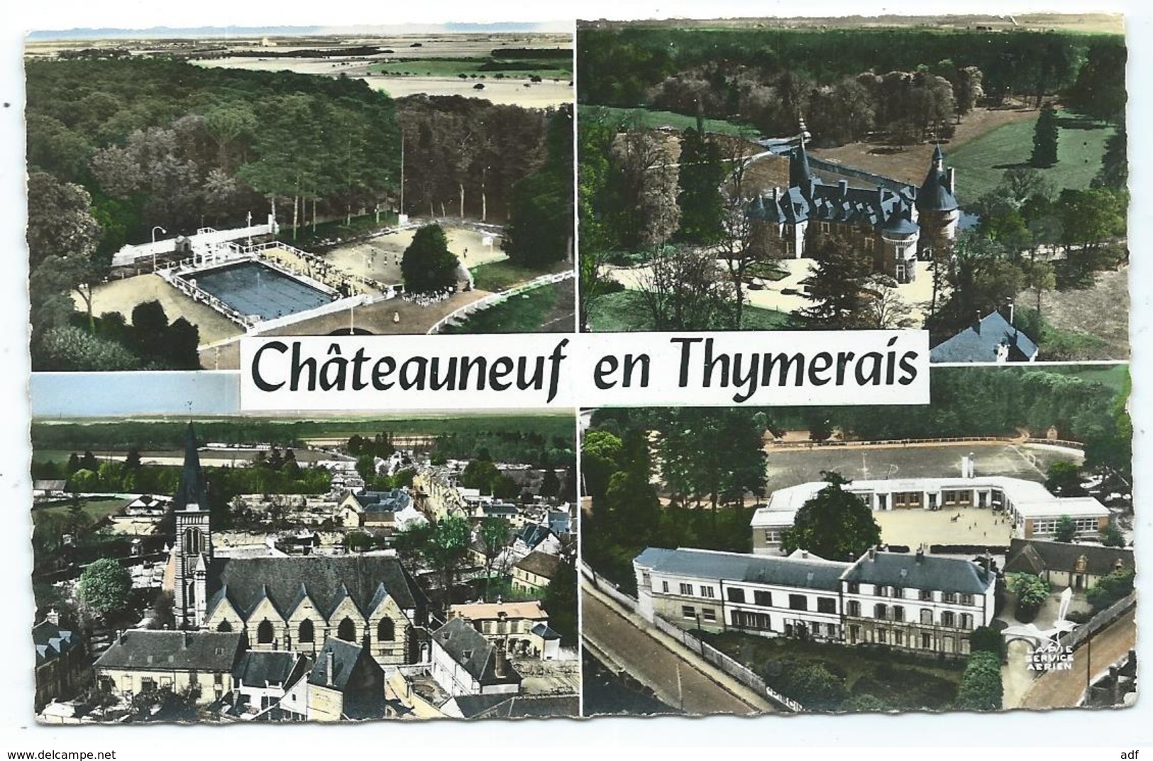 CPSM MULTIVUES COLORISEE CHATEAUNEUF EN THYMERAIS, LA PISCINE, CHATEAU DE MAILLEBOIS, L'EGLISE, ECOLE, EURE ET LOIR 28 - Châteauneuf