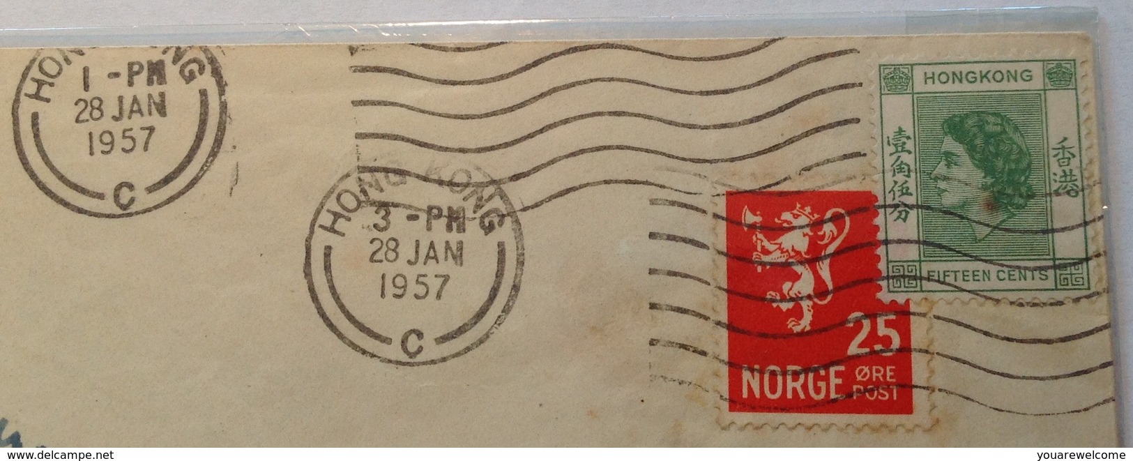 Hong Kong 1957 REAL MIXED FRANKING On PAQUEBOT SHIP MAIL COVER Norway (Haugesund Brief Lettre Norwegen China Chine - Briefe U. Dokumente