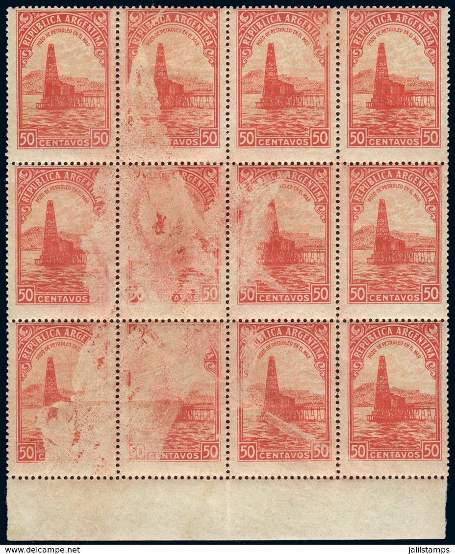 ARGENTINA: GJ.811, 50c. Unwatermarked, Petroleum Wells, Block Of 12 With Spectacular Printing Variety, Excellent! - Other & Unclassified