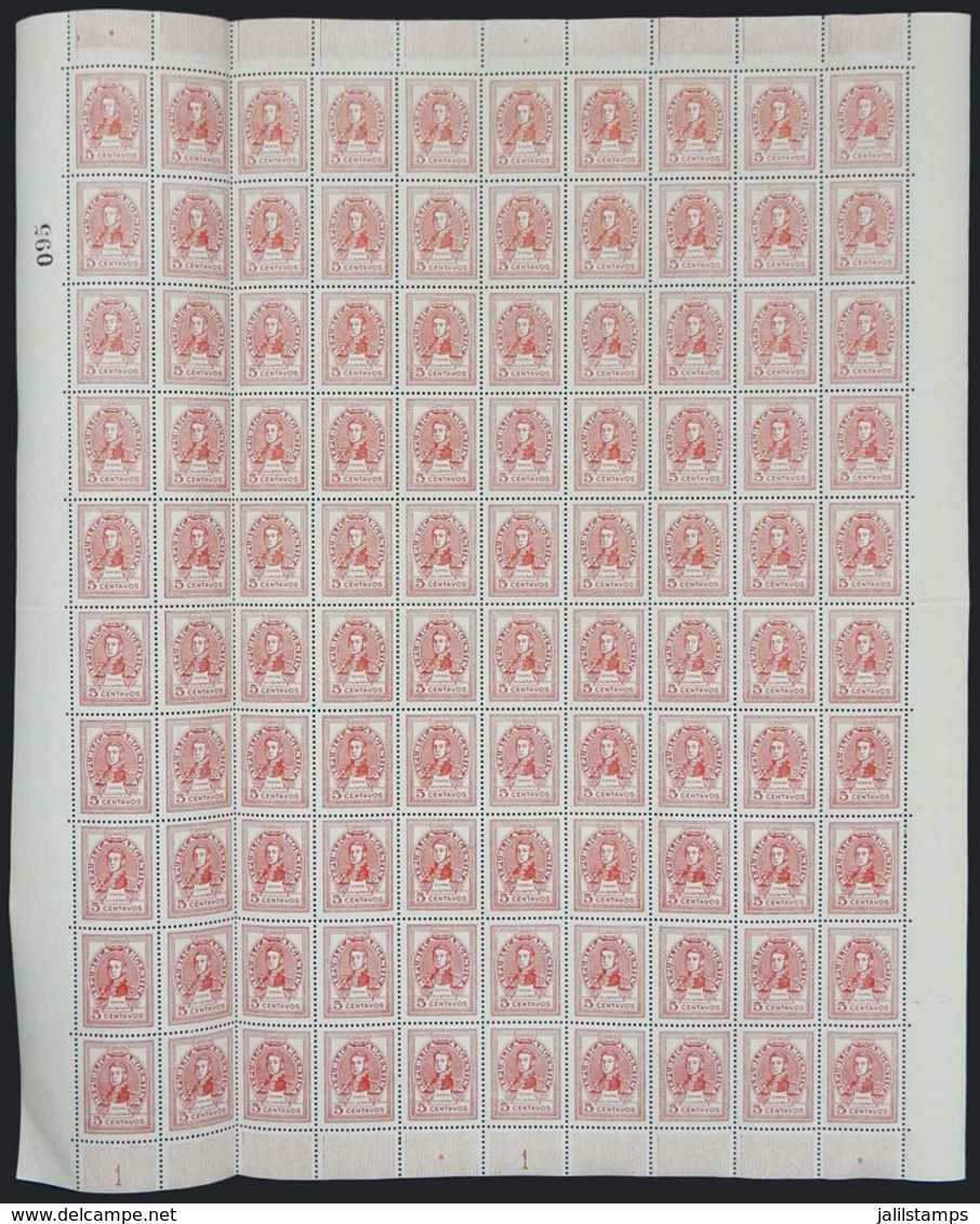 ARGENTINA: GJ.887A, 5c. San Martín Printed On GLAZED PAPER, Complete Sheet Of 100 Stamps, MNH But With Light Staining On - Other & Unclassified