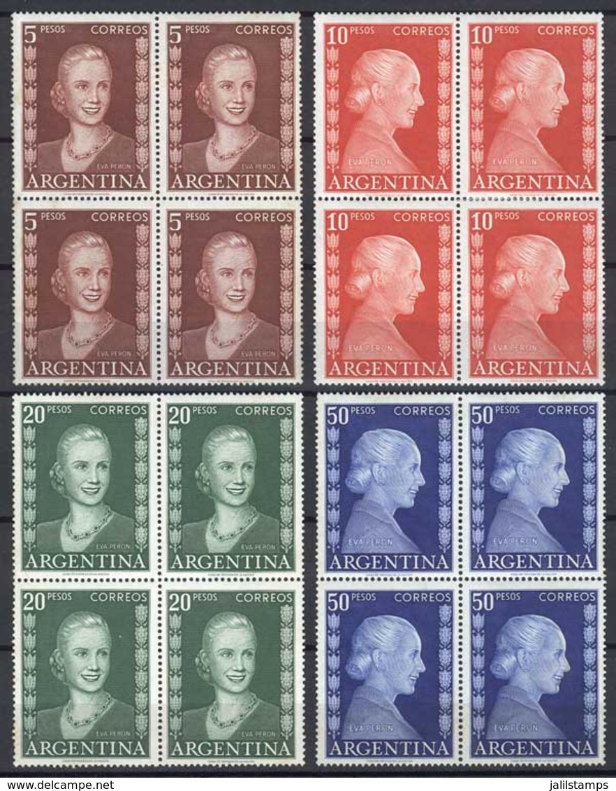 ARGENTINA: GJ.1003/22, 1952 Eva Perón, Complete Set Of 20 Values In Mint BLOCKS OF 4, With Stained Gum (washing Will Rem - Other & Unclassified
