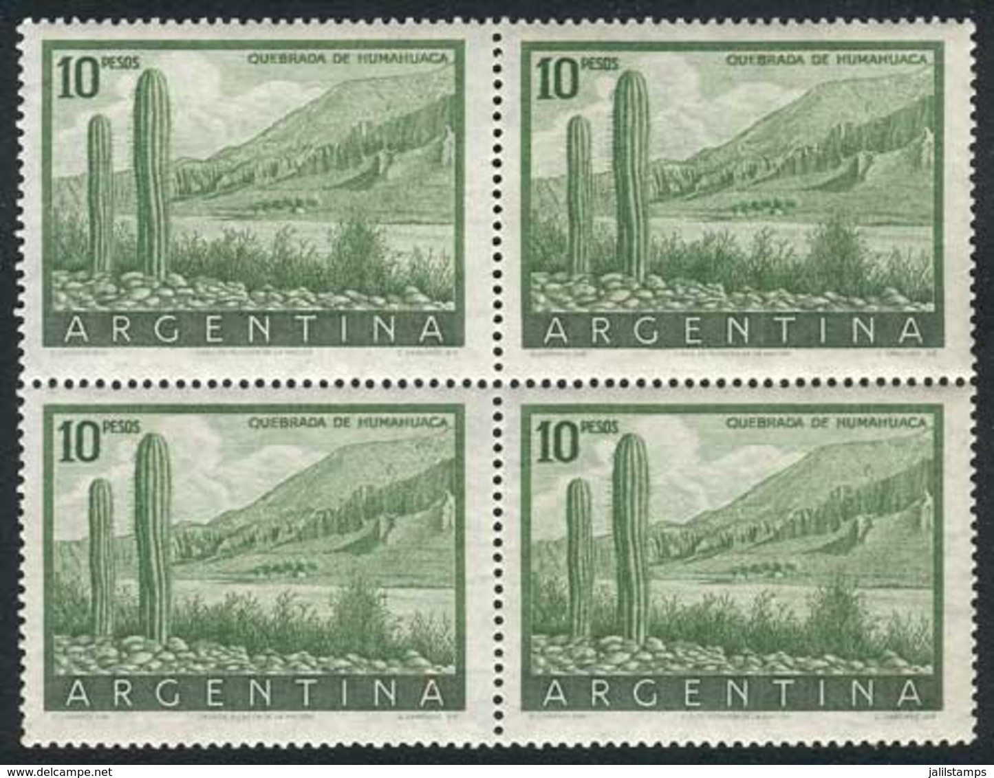 ARGENTINA: GJ.1054, 1951/7 $10 Quebrada De Humahuaca, Cactus, Block Of 4 Printed On Unsurfaced Paper, VF, Catalog Value  - Other & Unclassified